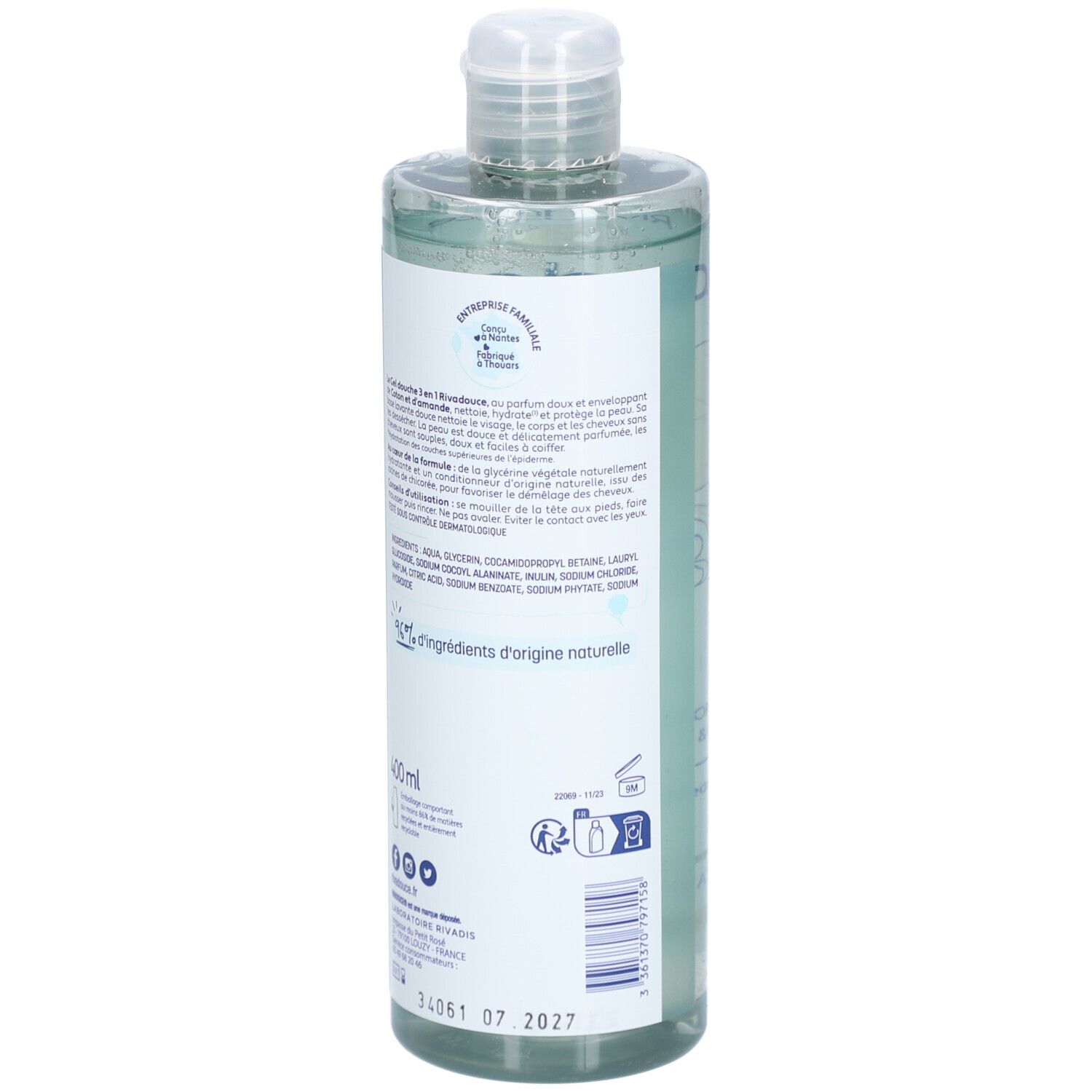 Dos du flacon Rivadouce Gel Douche 3en1. Étiquette verte avec texte et ingrédients.