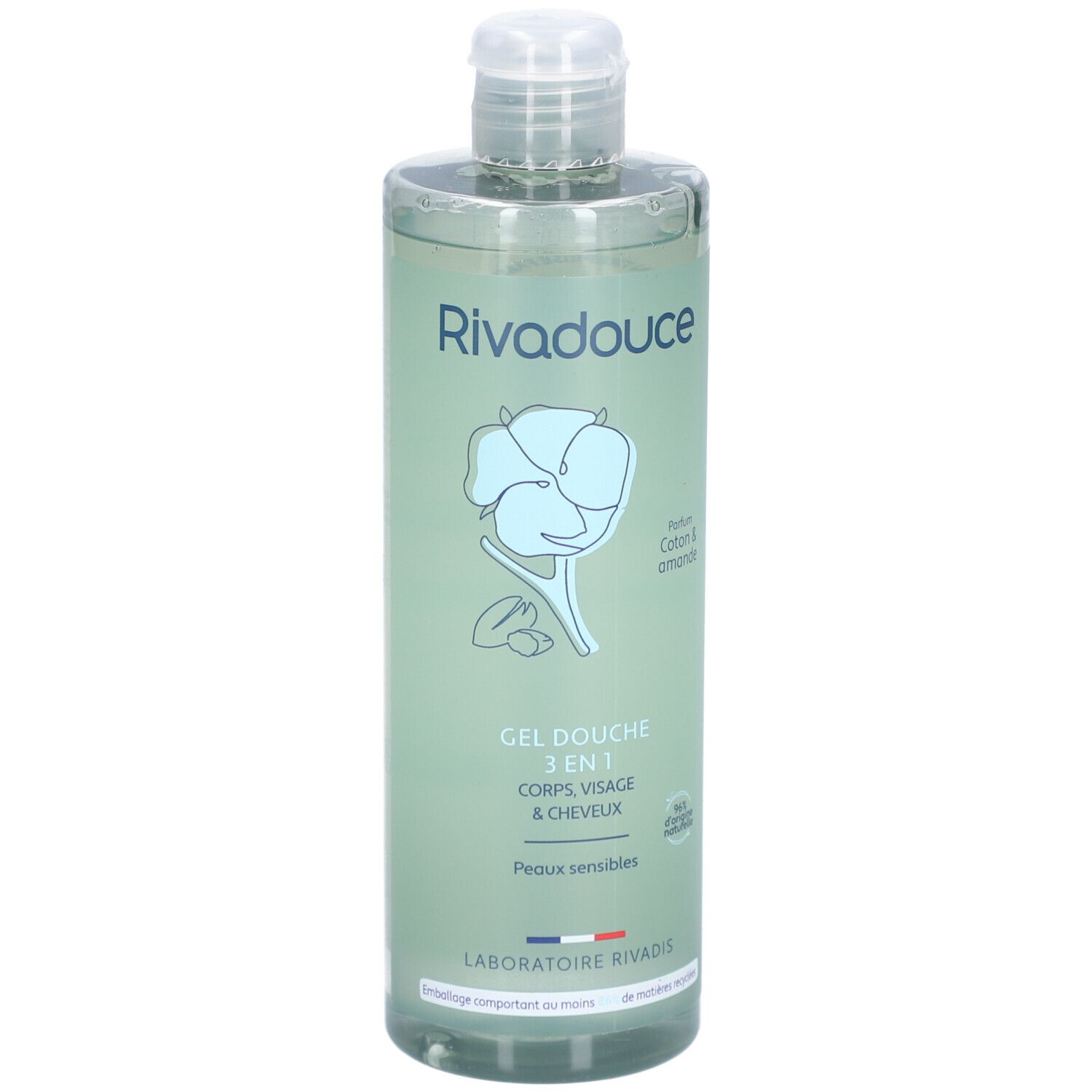 Flacon transparent Rivadouce Gel Douche 3en1, étiquette verte. Illustration coton et amande.