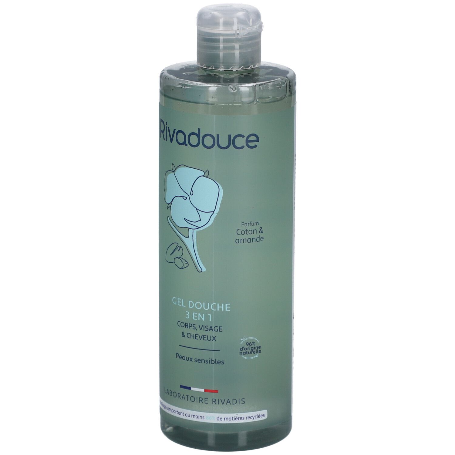 Flacon transparent Rivadouce Gel Douche 3en1, étiquette verte. Illustration coton et amande.