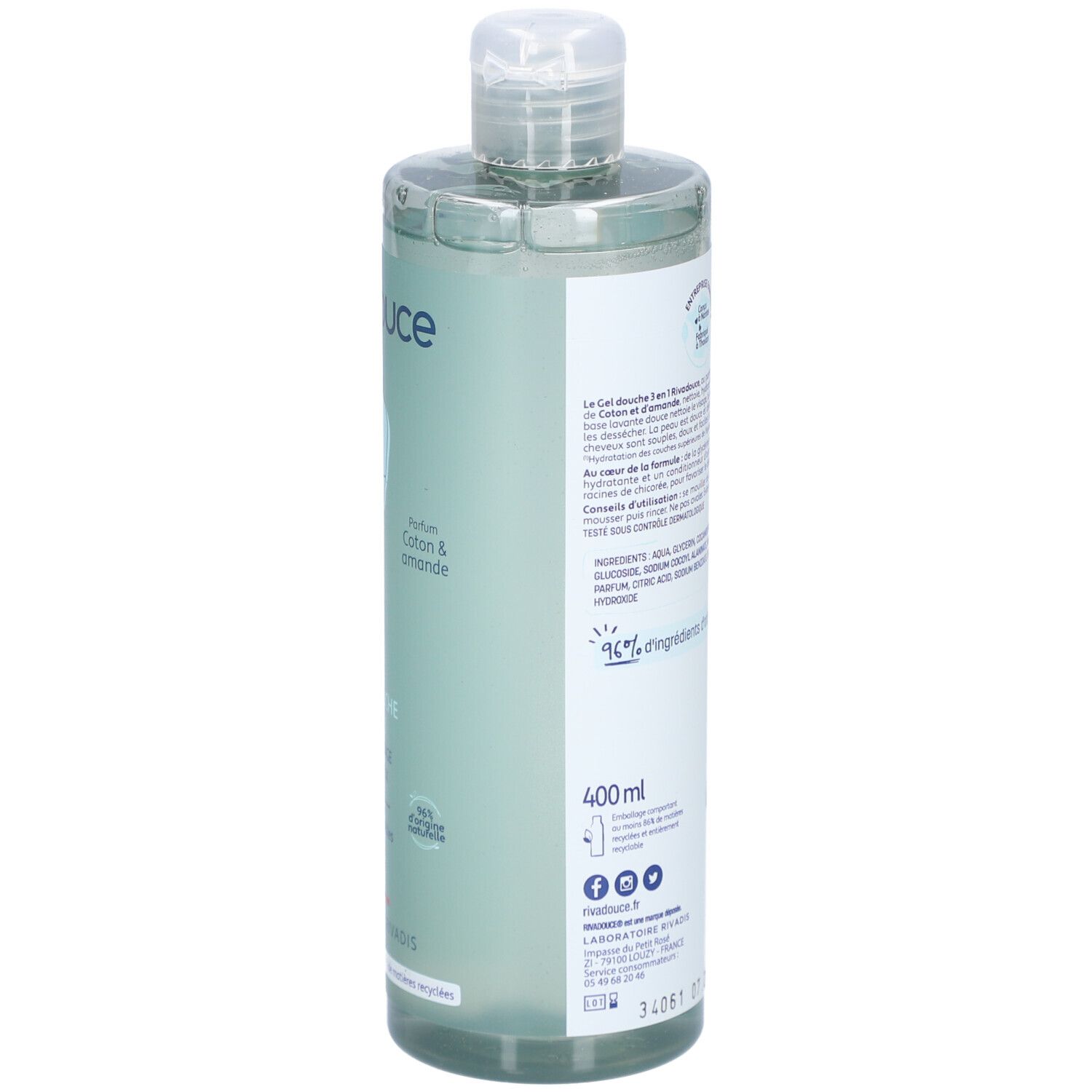 Dos du flacon Rivadouce Gel Douche 3en1. Étiquette verte avec texte et ingrédients.