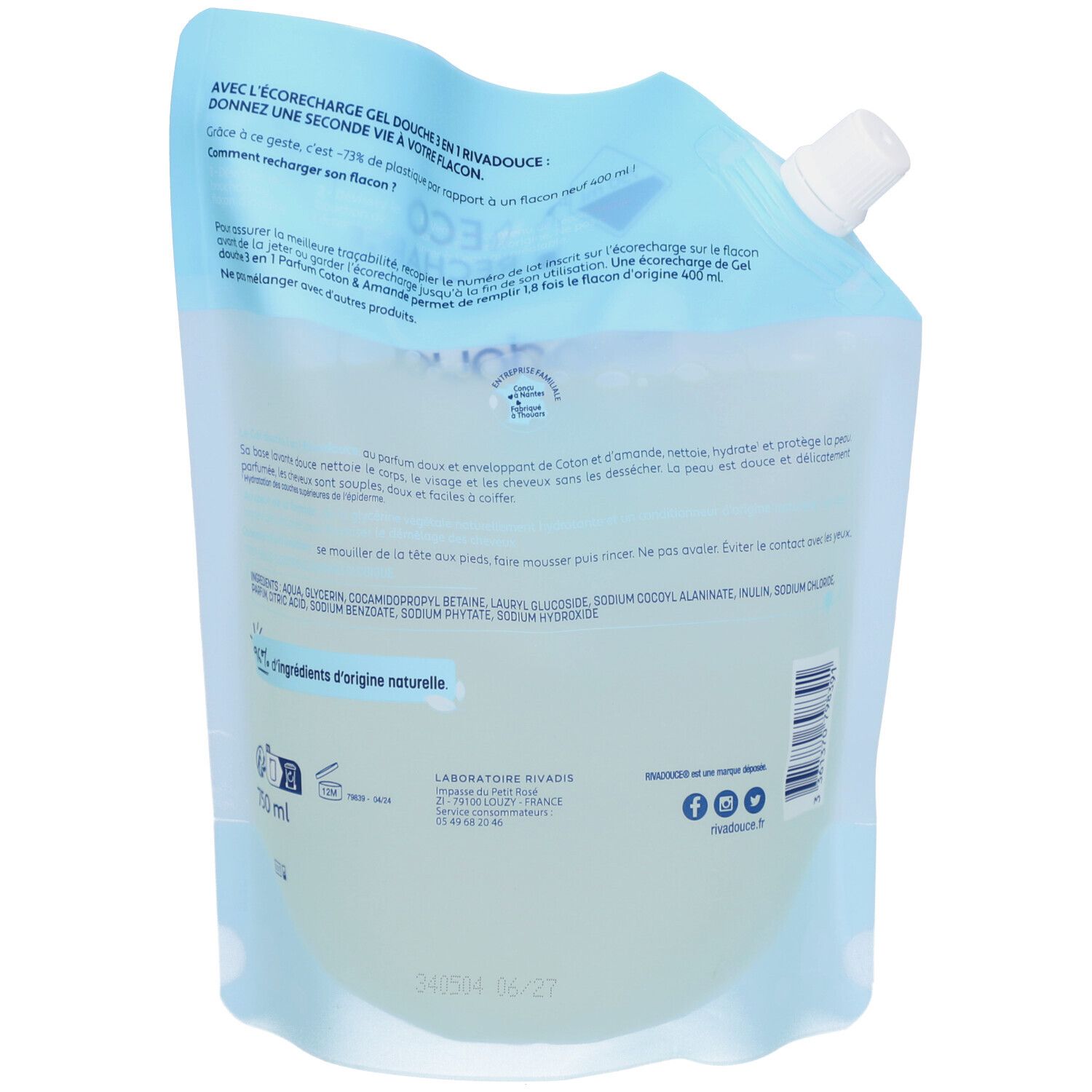 RIVADOUCE Gel Douche 3en1 Coton & Amande 750 ml