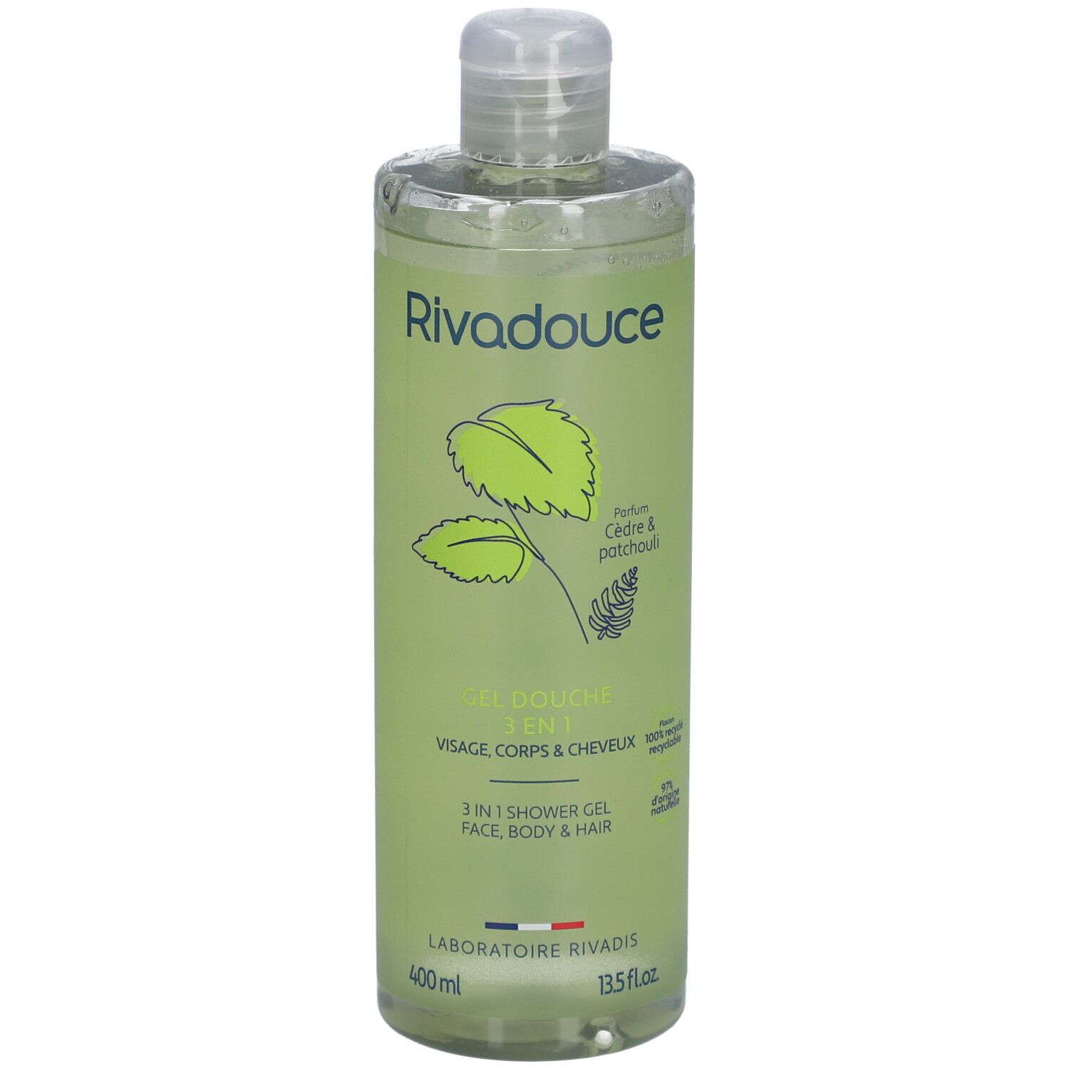 Flacon vert avec logo "Rivadouce", "Gel Douche 3en1" et informations. Liquide clair visible.