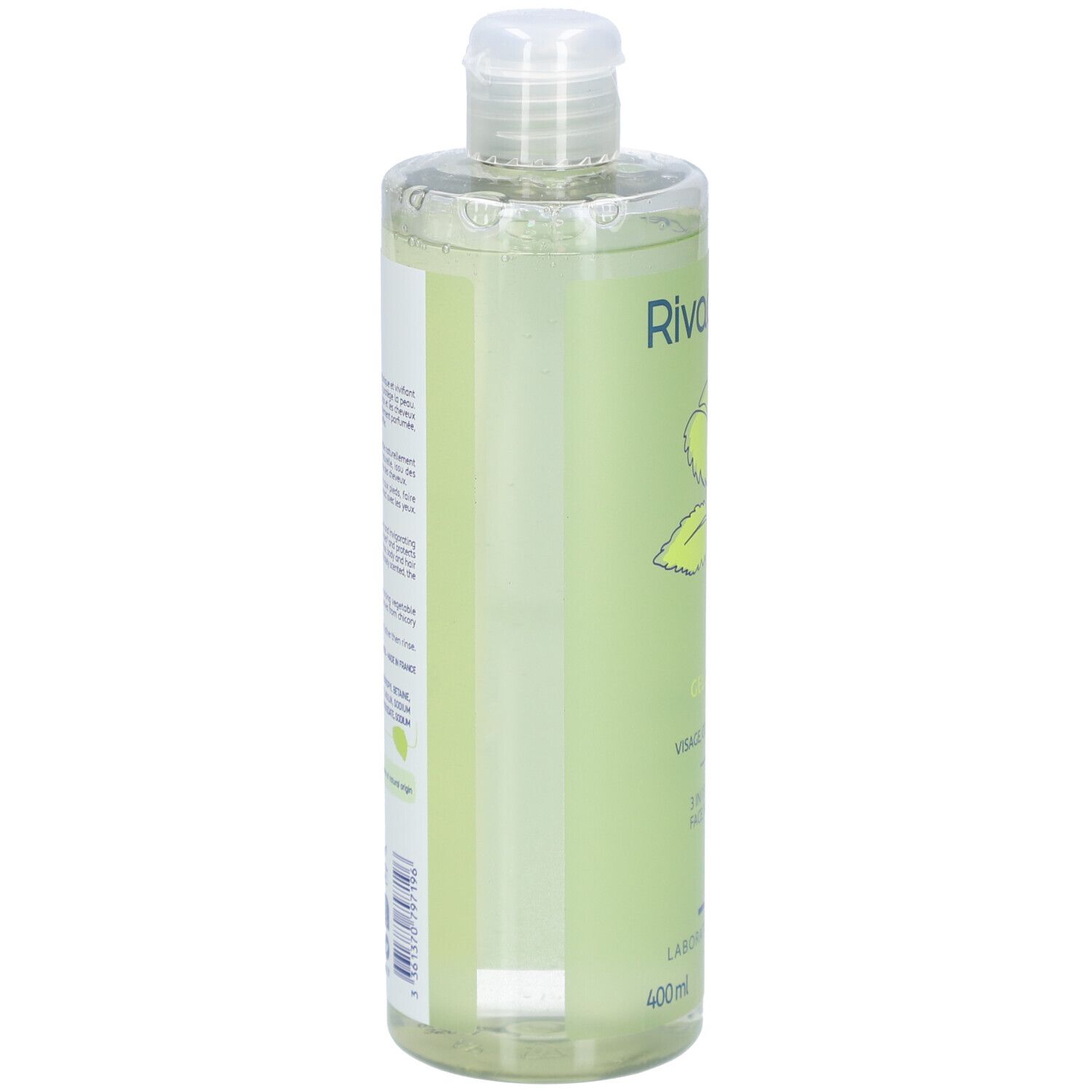 Flacon vert avec étiquette. Informations textuelles sur fond blanc. Liquide clair visible.