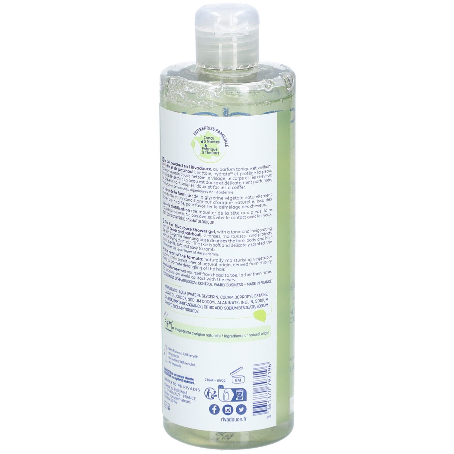 Dos du flacon vert avec texte. Ingrédients et instructions. Liquide clair visible.