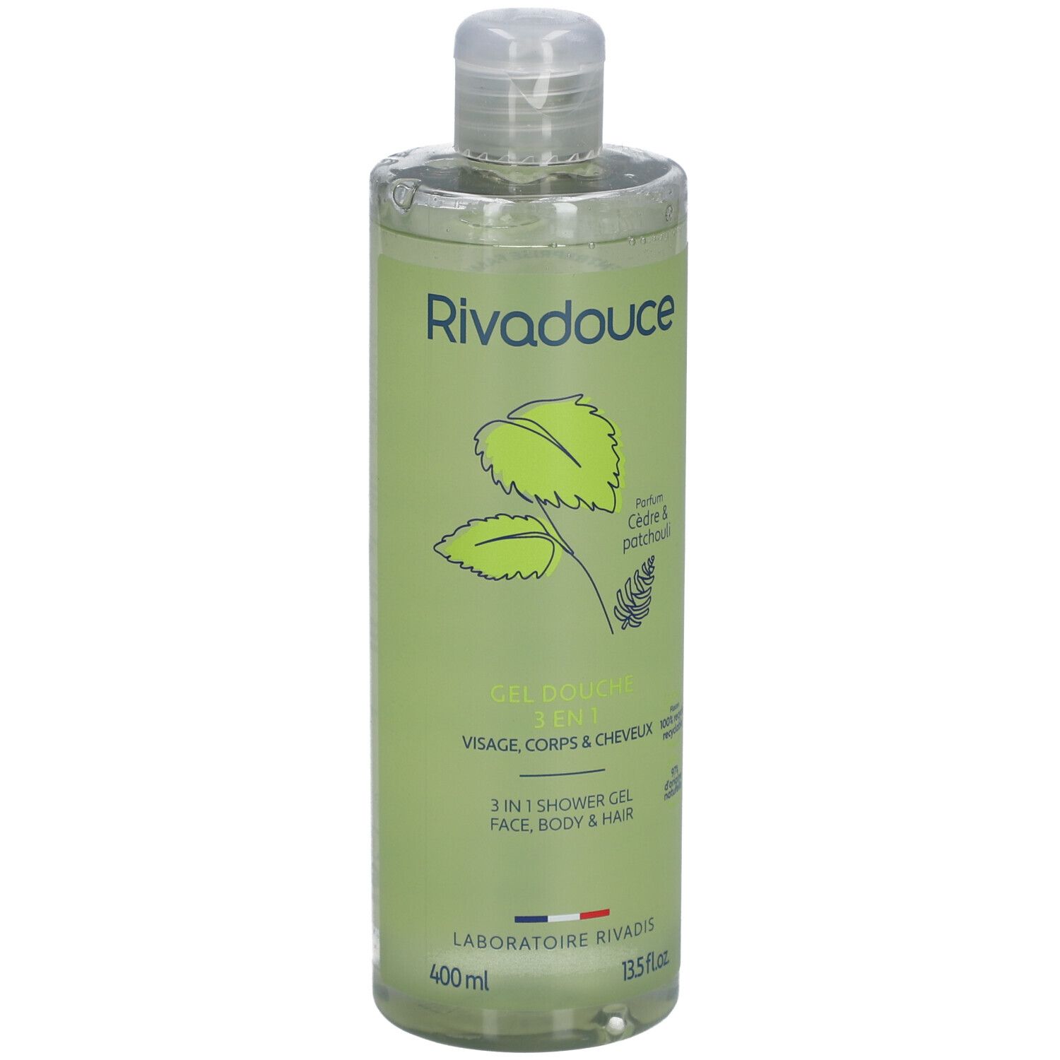 Flacon vert avec logo "Rivadouce", "Gel Douche 3en1" et informations. Liquide clair visible.