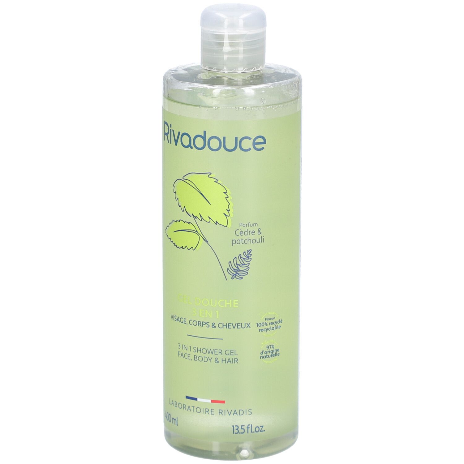 Flacon vert avec logo "Rivadouce", "Gel Douche 3en1" et informations. Liquide clair visible.