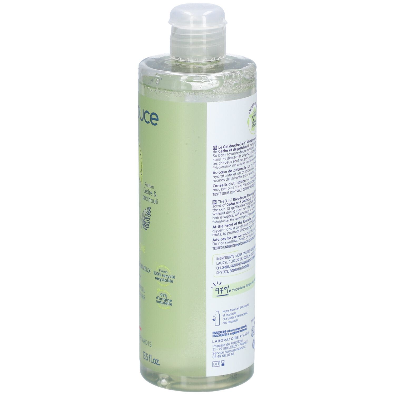Dos du flacon vert avec texte. Ingrédients et instructions. Liquide clair visible.