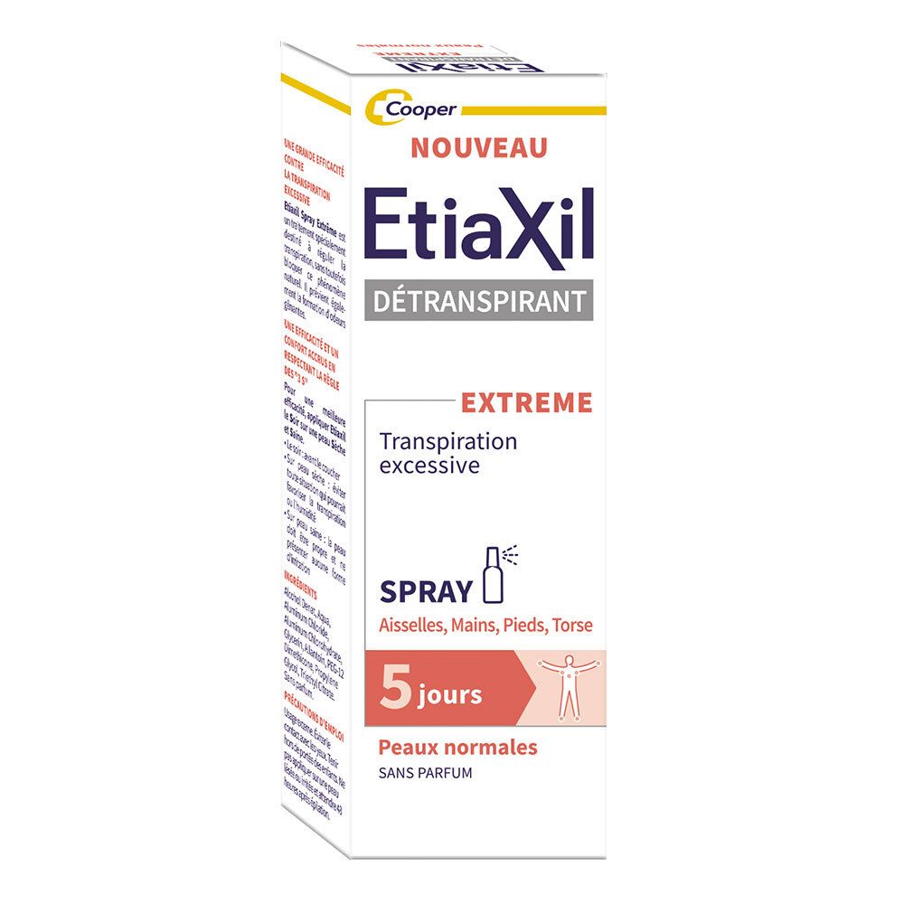 ETIAXIL - Déodorant Detranspirant - Transpiration Excessive - Aisselles Mains Pieds Torse - Extrême 5 jours - Peaux normales - Efficacité 5 jours - Spray - 30 ml
