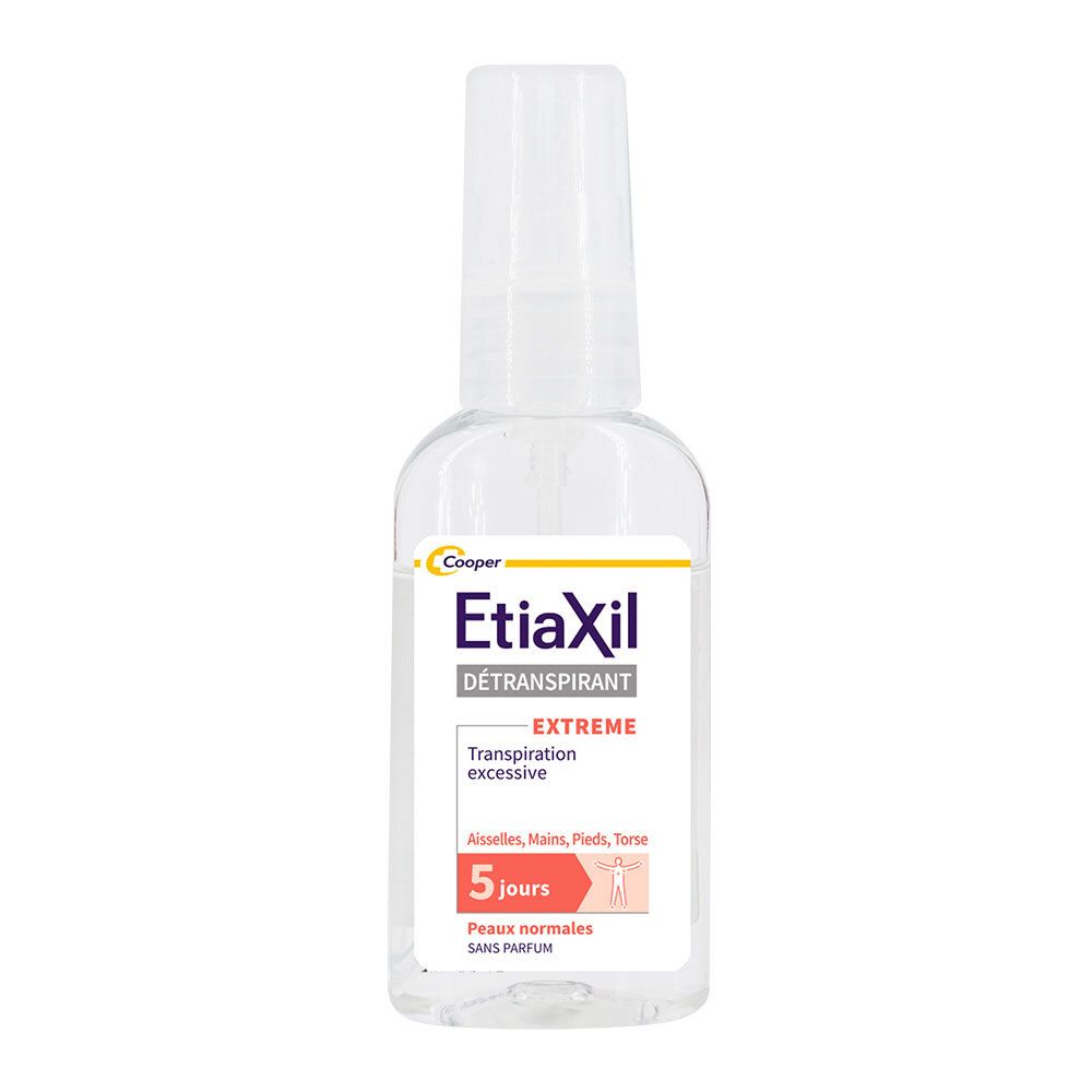ETIAXIL - Déodorant Detranspirant - Transpiration Excessive - Aisselles Mains Pieds Torse - Extrême 5 jours - Peaux normales - Efficacité 5 jours - Spray - 30 ml