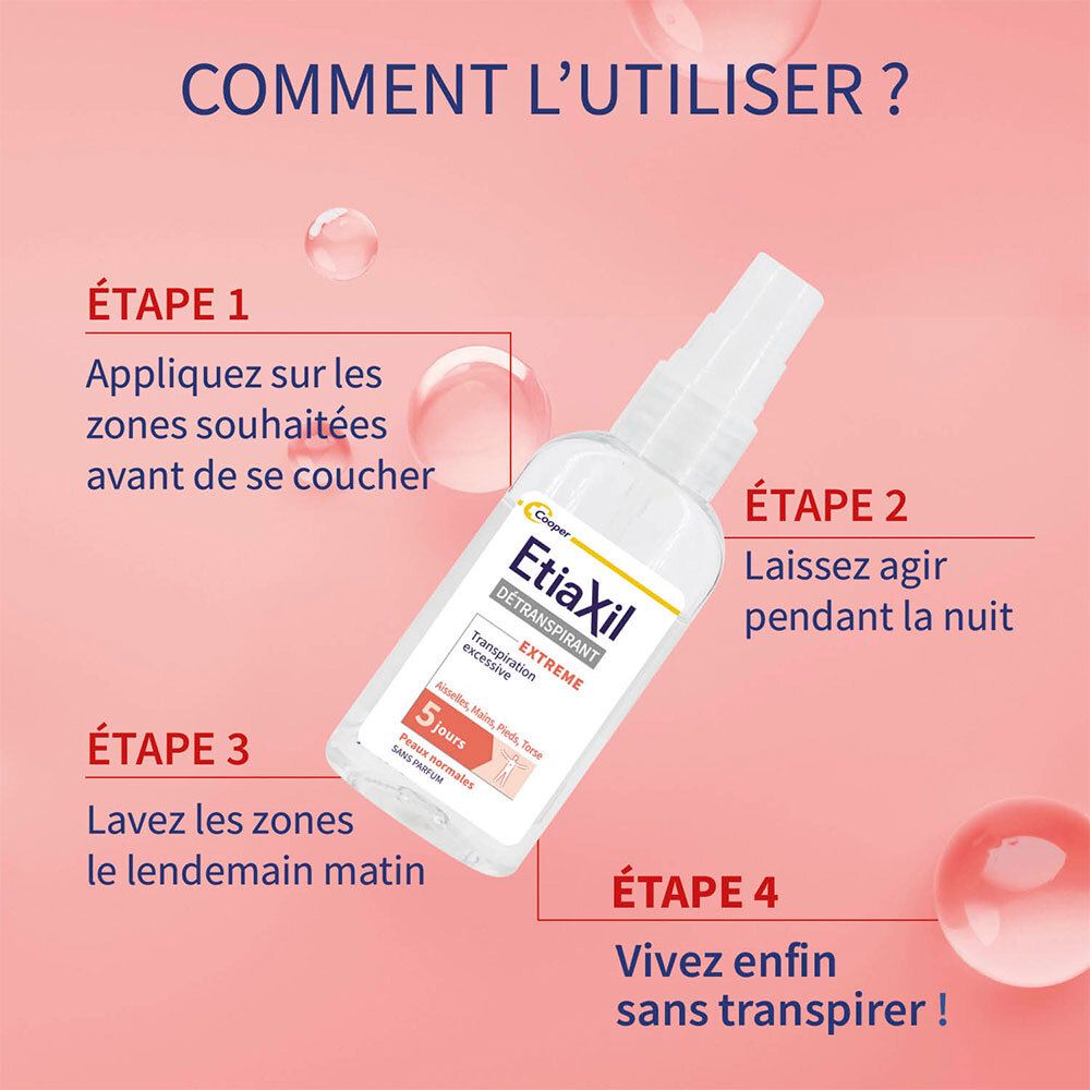 ETIAXIL - Déodorant Detranspirant - Transpiration Excessive - Aisselles Mains Pieds Torse - Extrême 5 jours - Peaux normales - Efficacité 5 jours - Spray - 30 ml