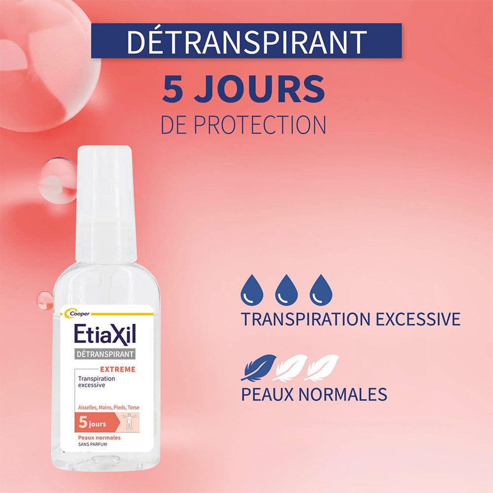 ETIAXIL - Déodorant Detranspirant - Transpiration Excessive - Aisselles Mains Pieds Torse - Extrême 5 jours - Peaux normales - Efficacité 5 jours - Spray - 30 ml