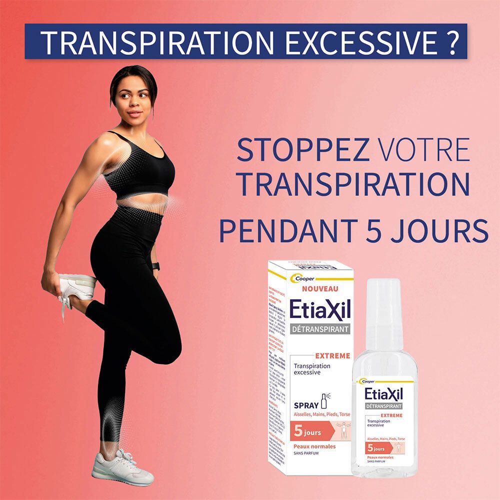 ETIAXIL - Déodorant Detranspirant - Transpiration Excessive - Aisselles Mains Pieds Torse - Extrême 5 jours - Peaux normales - Efficacité 5 jours - Spray - 30 ml