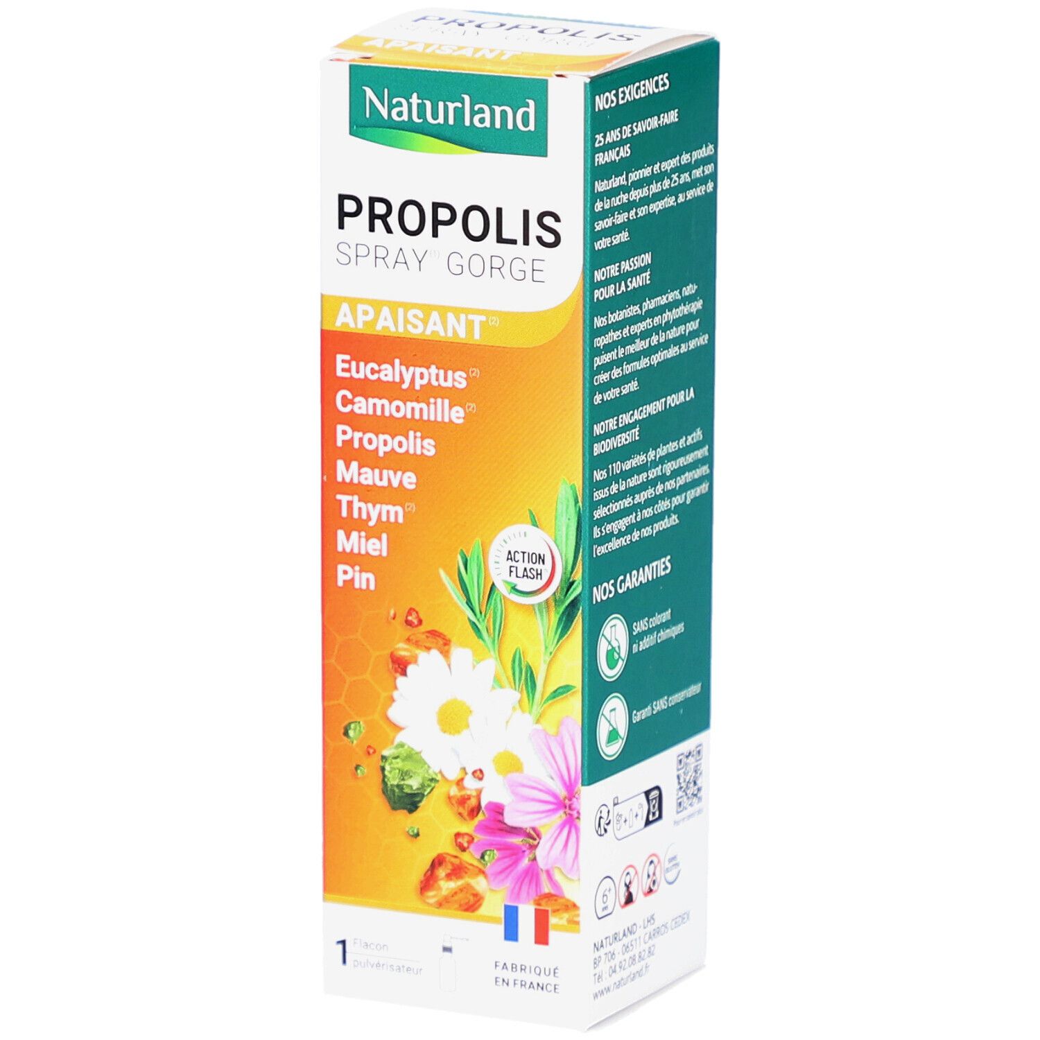 Boîte de produit avec nom et ingrédients. Drapeau français et logo. Illustrations de fleurs et de rayons de miel.