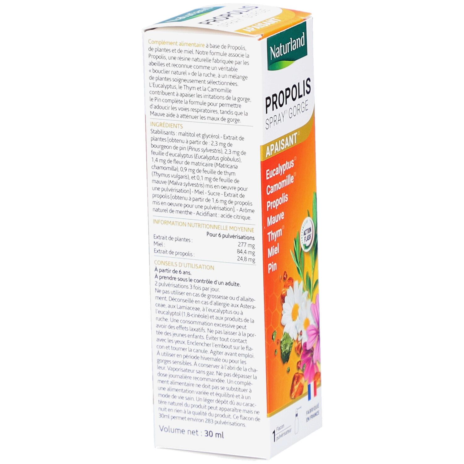 Boîte de produit avec informations sur les ingrédients et instructions d'utilisation. Volume : 30 ml. Texte en français.