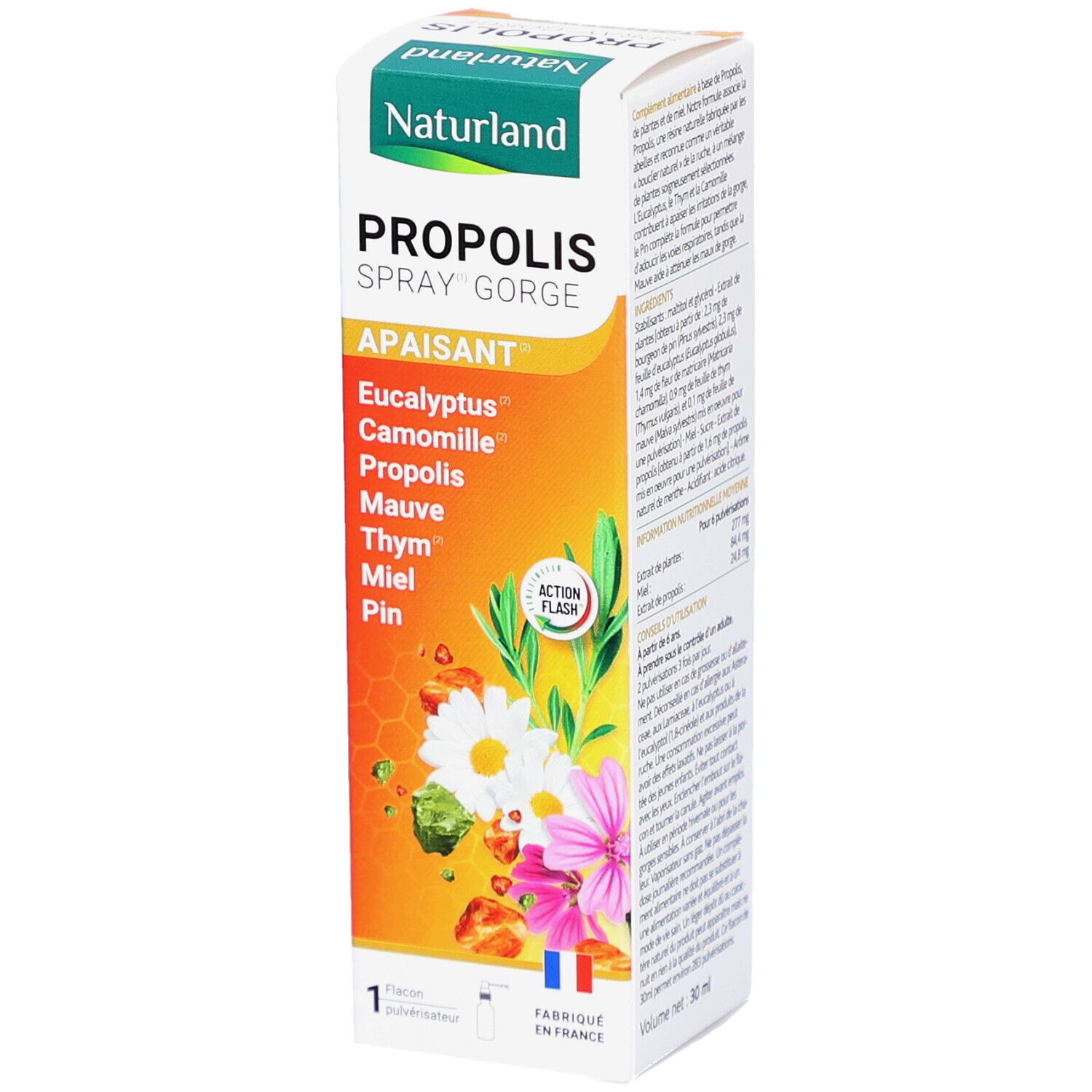 Boîte de produit avec nom et ingrédients. Drapeau français et logo. Illustrations de fleurs et de rayons de miel.