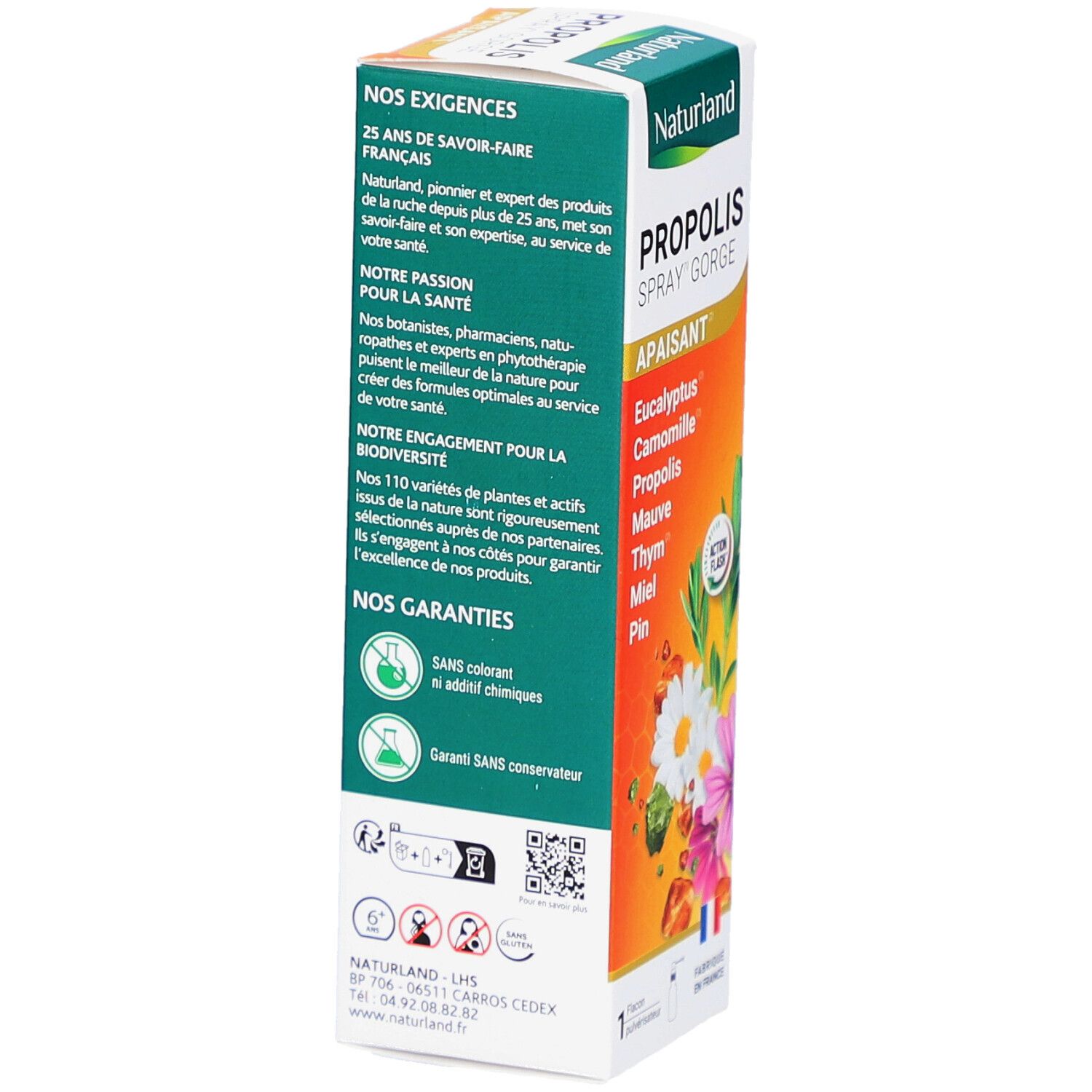 Boîte de produit avec texte sur l'entreprise et les garanties. Logos et certifications. Texte en français.