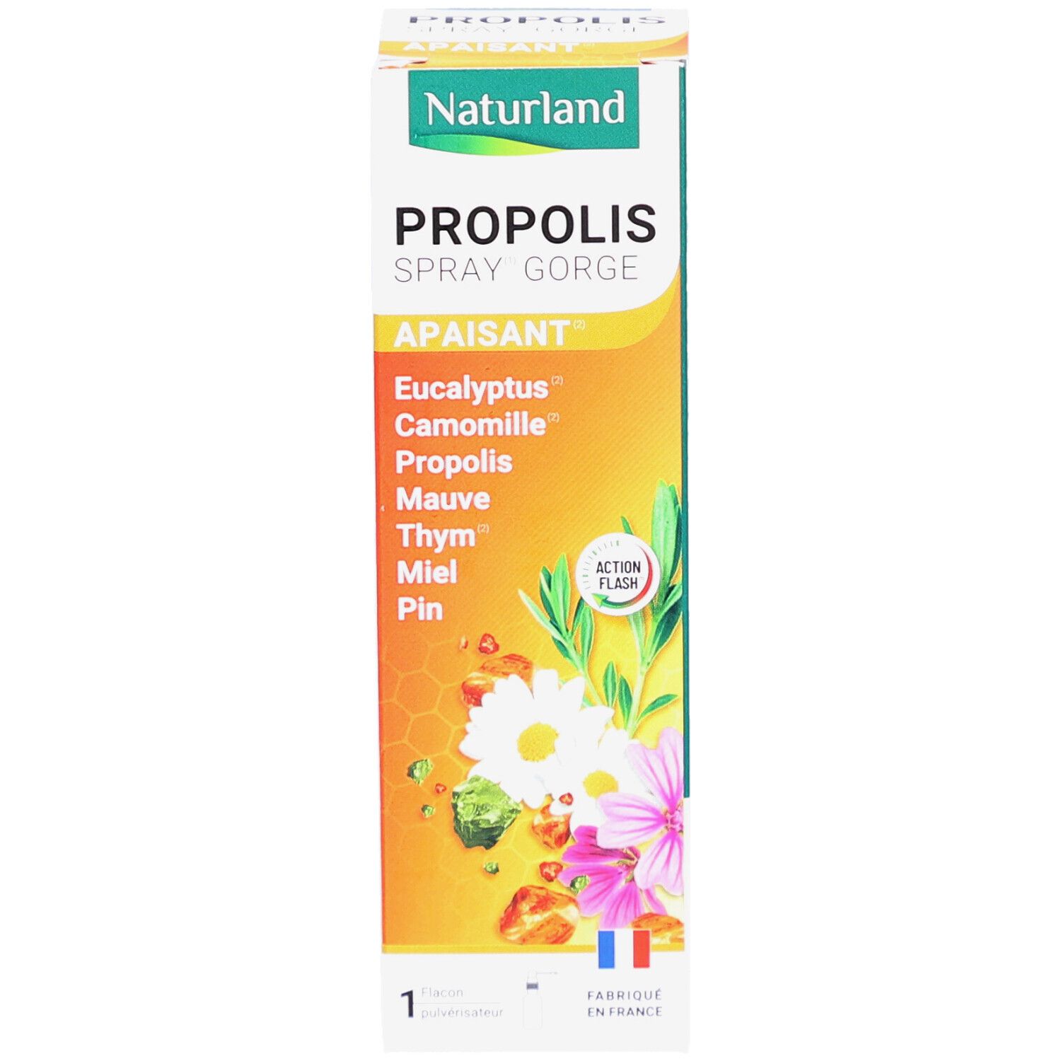 Boîte de produit avec nom et ingrédients. Drapeau français et logo. Illustrations de fleurs et de rayons de miel.