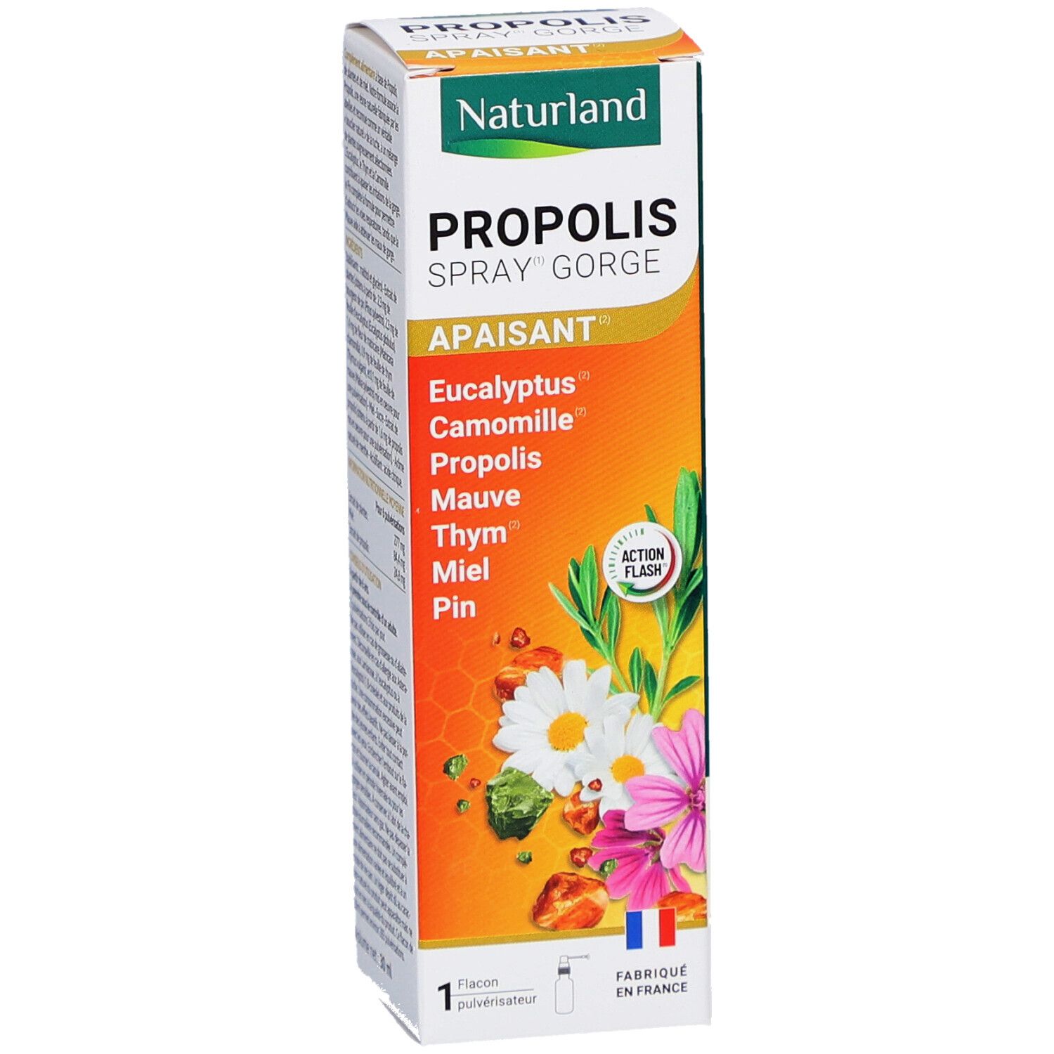 Boîte de produit avec nom et ingrédients. Drapeau français et logo. Illustrations de fleurs et de rayons de miel.