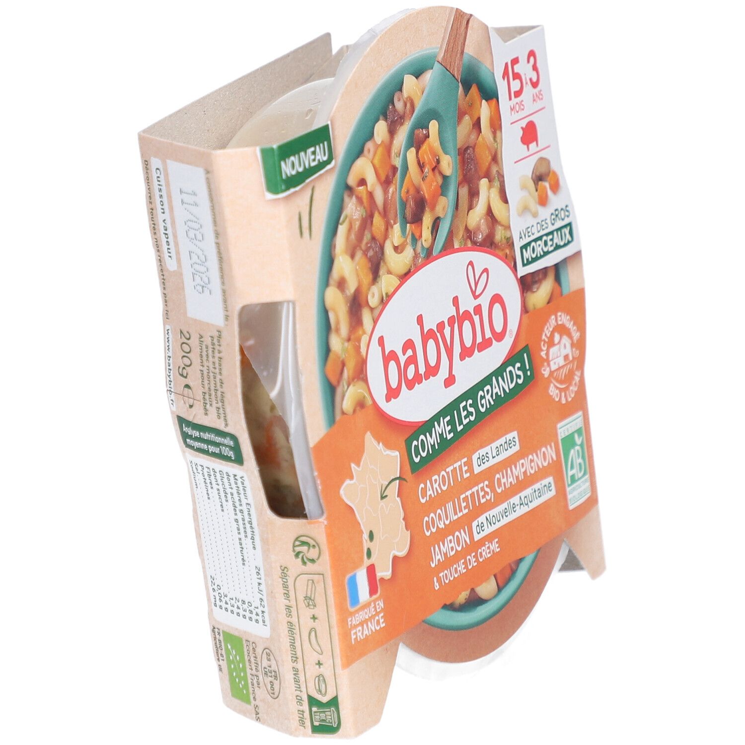 Plat préparé Babybio. Contient carottes, coquillettes, champignons, jambon et crème. Emballage avec informations.