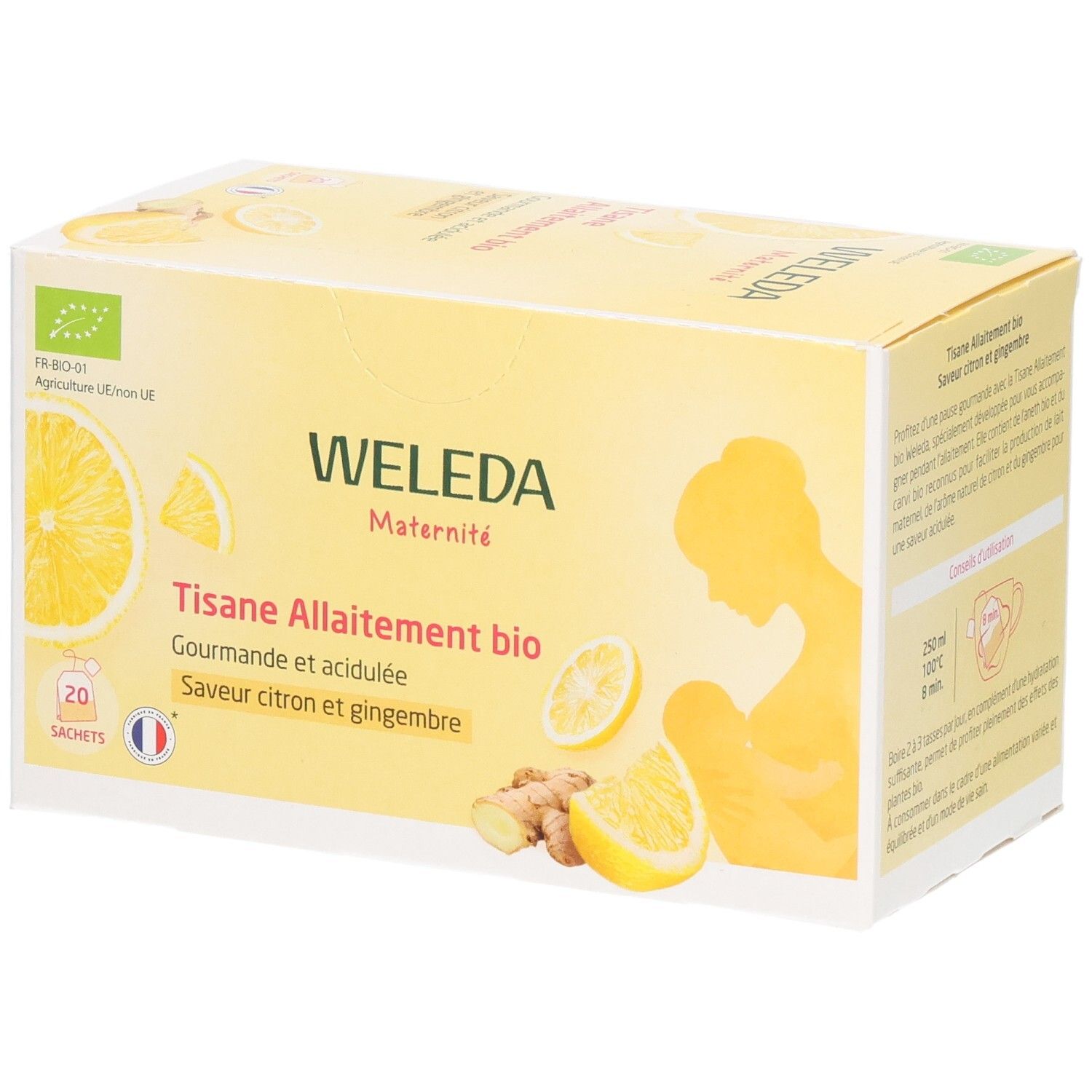 Boîte jaune Weleda Maternité Tisane Allaitement bio. 20 sachets, citron gingembre. Label bio, illustration femme allaitant.