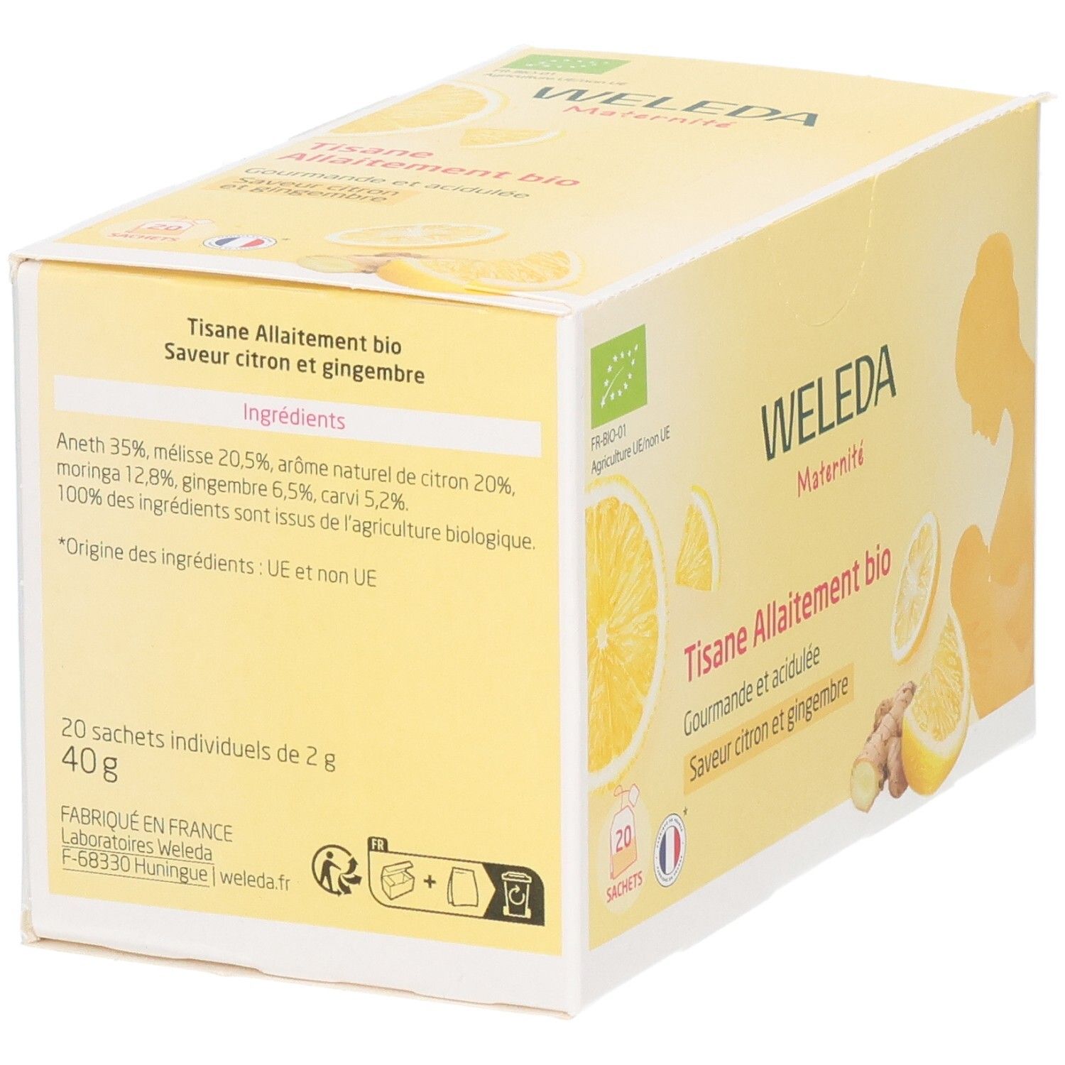 Boîte jaune Weleda Maternité Tisane Allaitement bio. Liste ingrédients, 20 sachets, 40g. Label bio. Fabriqué en France.