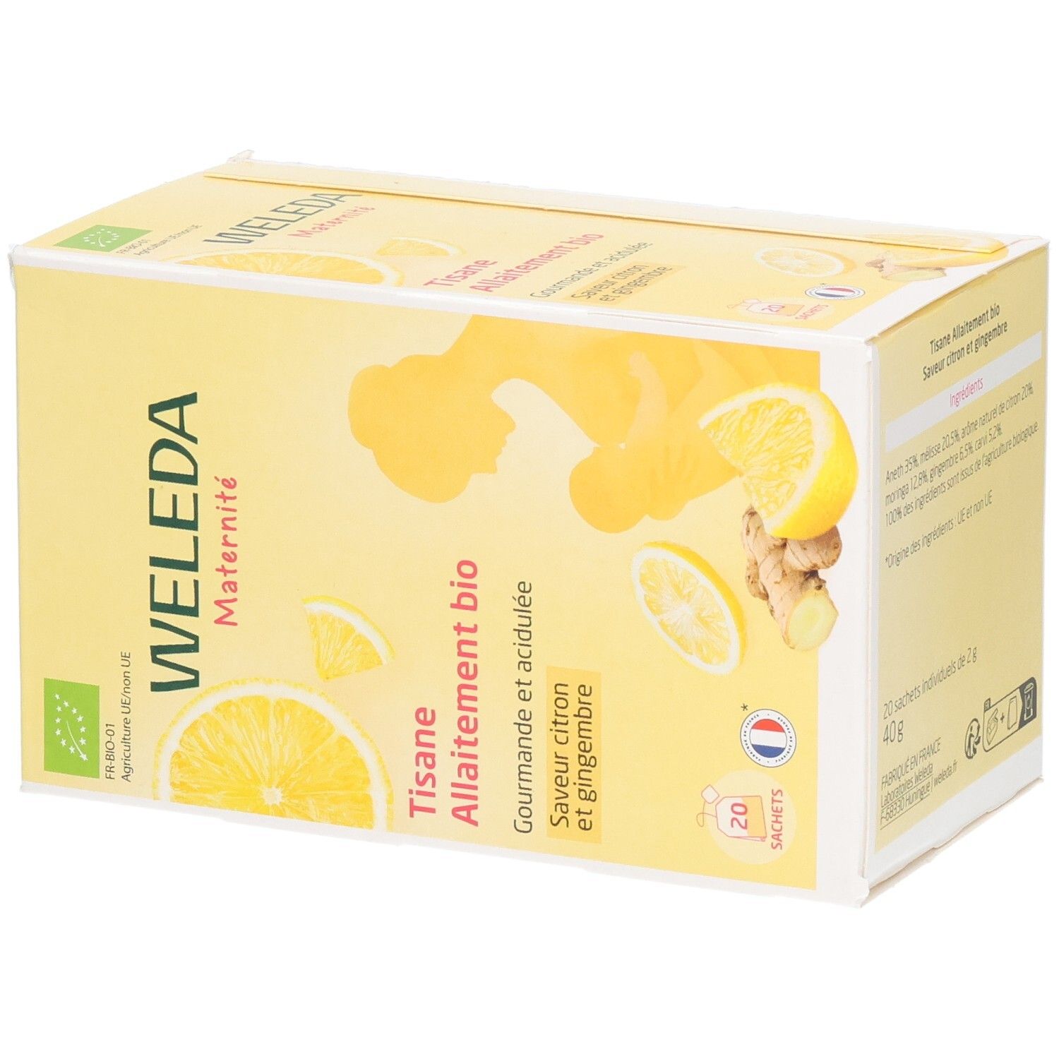 Boîte jaune Weleda Maternité Tisane Allaitement bio. 20 sachets, citron gingembre. Label bio, illustration femme allaitant.