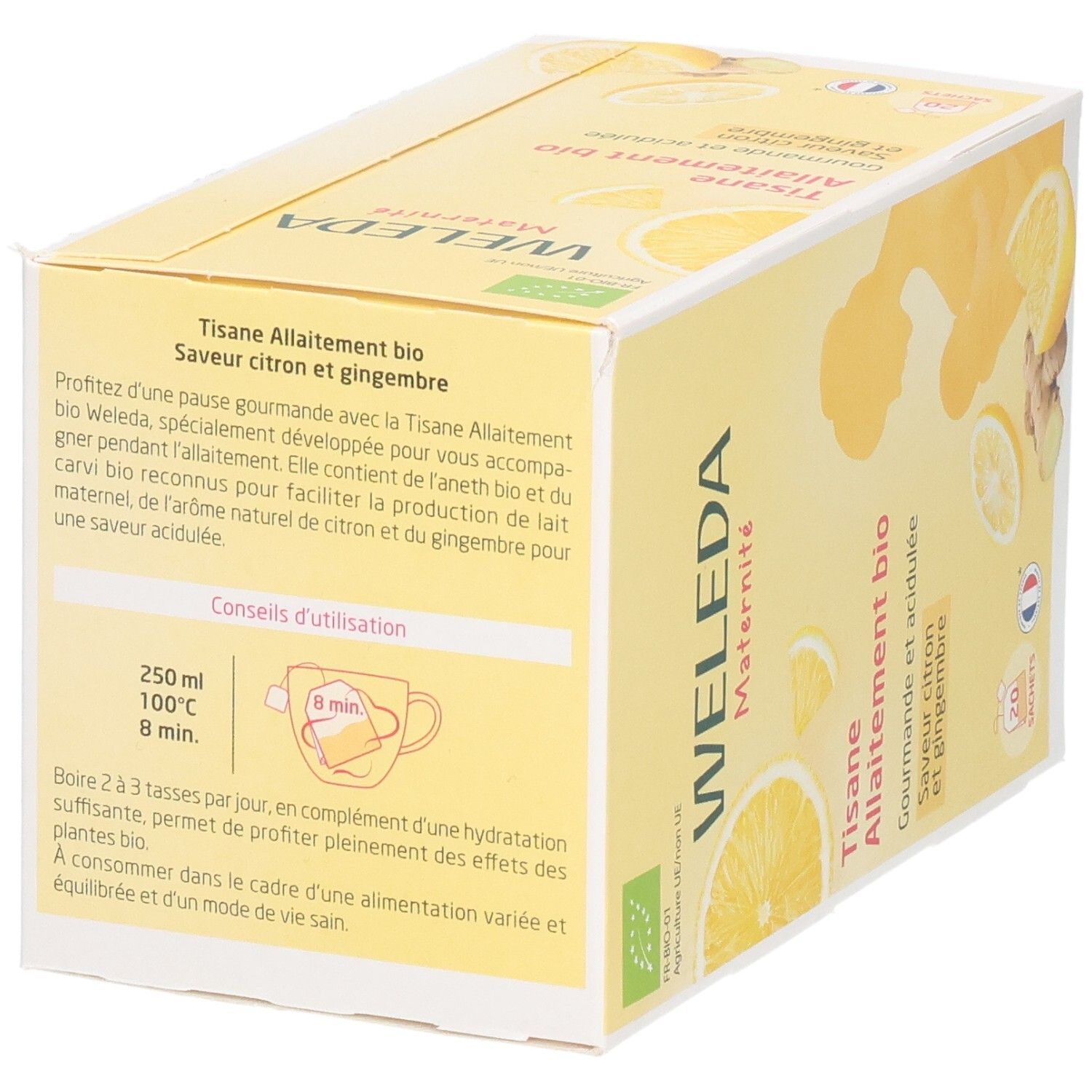 Boîte jaune Weleda Maternité Tisane Allaitement bio. Conseils d'utilisation, 250ml eau, 8min. Label bio.