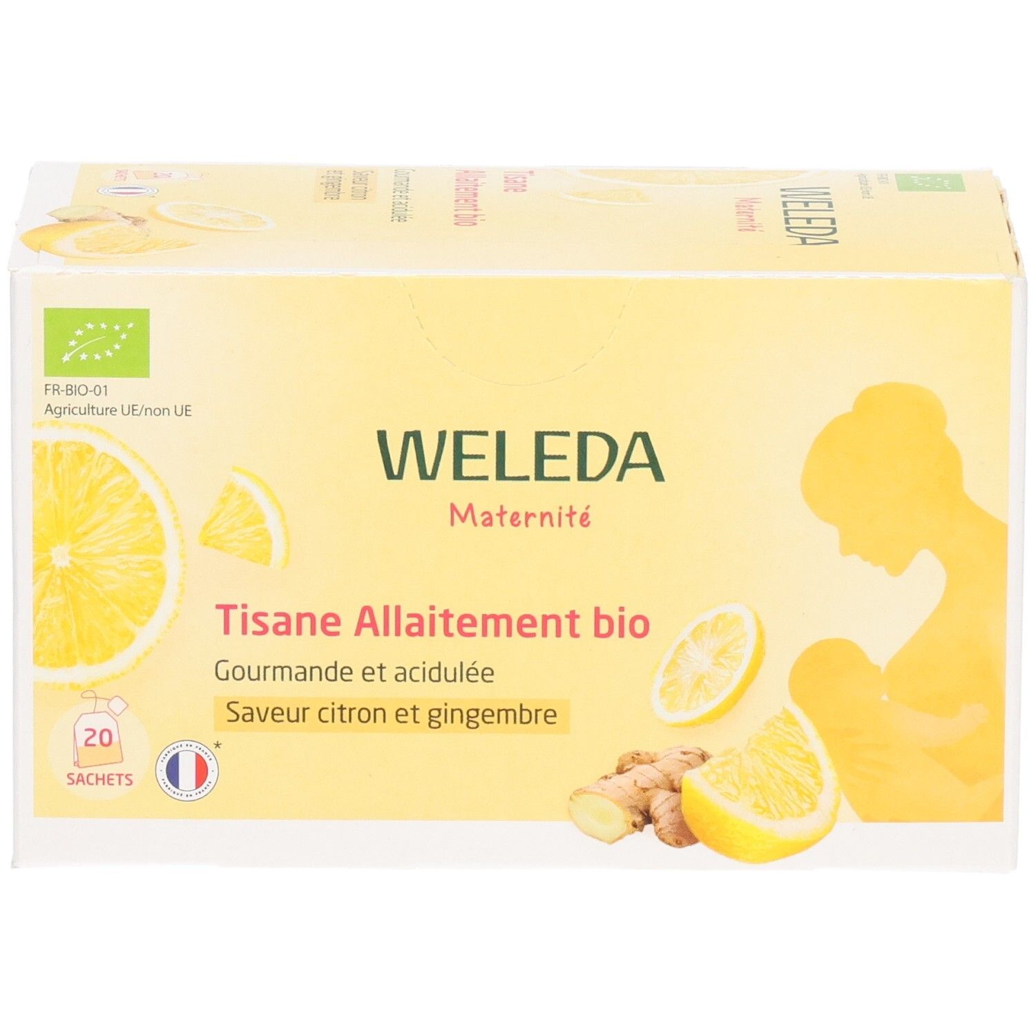 Boîte jaune Weleda Maternité Tisane Allaitement bio. 20 sachets, citron gingembre. Label bio, illustration femme allaitant.