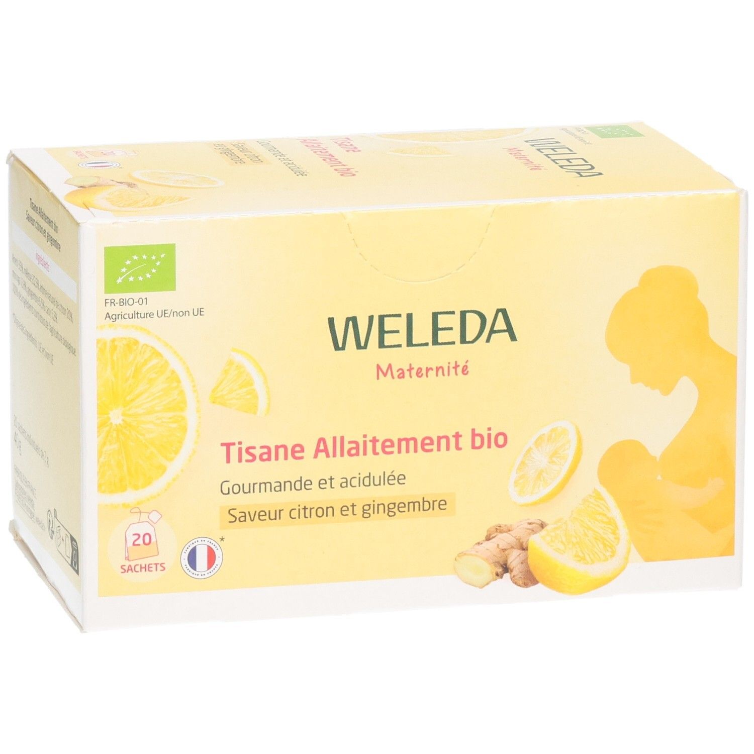 Boîte jaune Weleda Maternité Tisane Allaitement bio. 20 sachets, citron gingembre. Label bio, illustration femme allaitant.