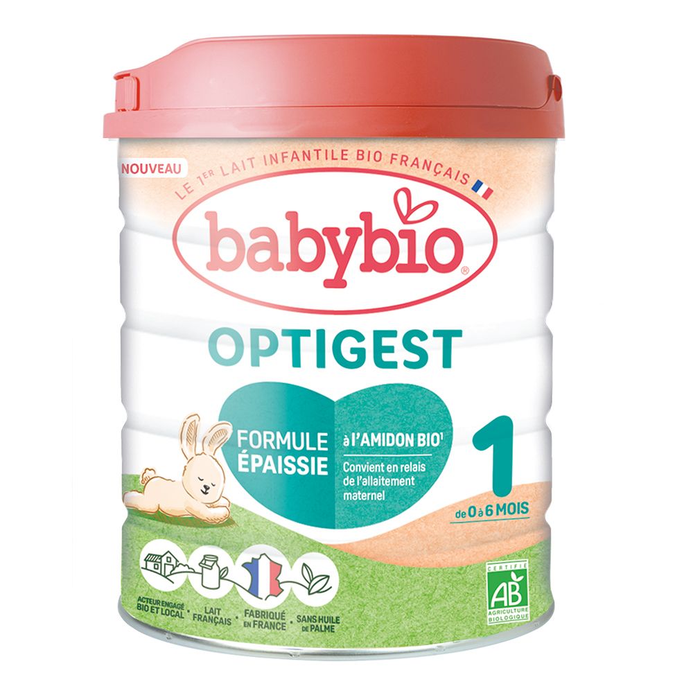 Boîte de lait en poudre Babybio Optigest 1. Blanche, couvercle rouge. Texte et motif lapin.