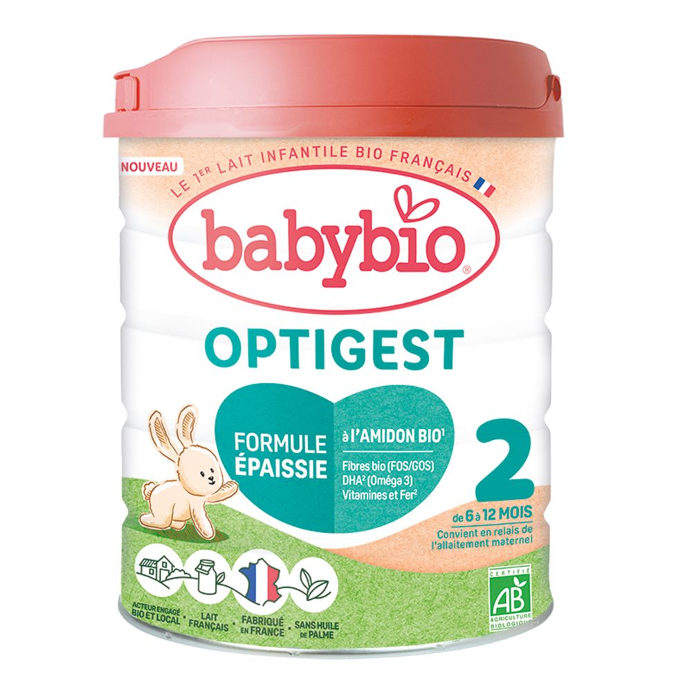 Boîte de lait infantile Babybio Optigest 2. Couvercle rose. Inscriptions : Formule épaissie, à l'amidon bio, 2, logo bio.