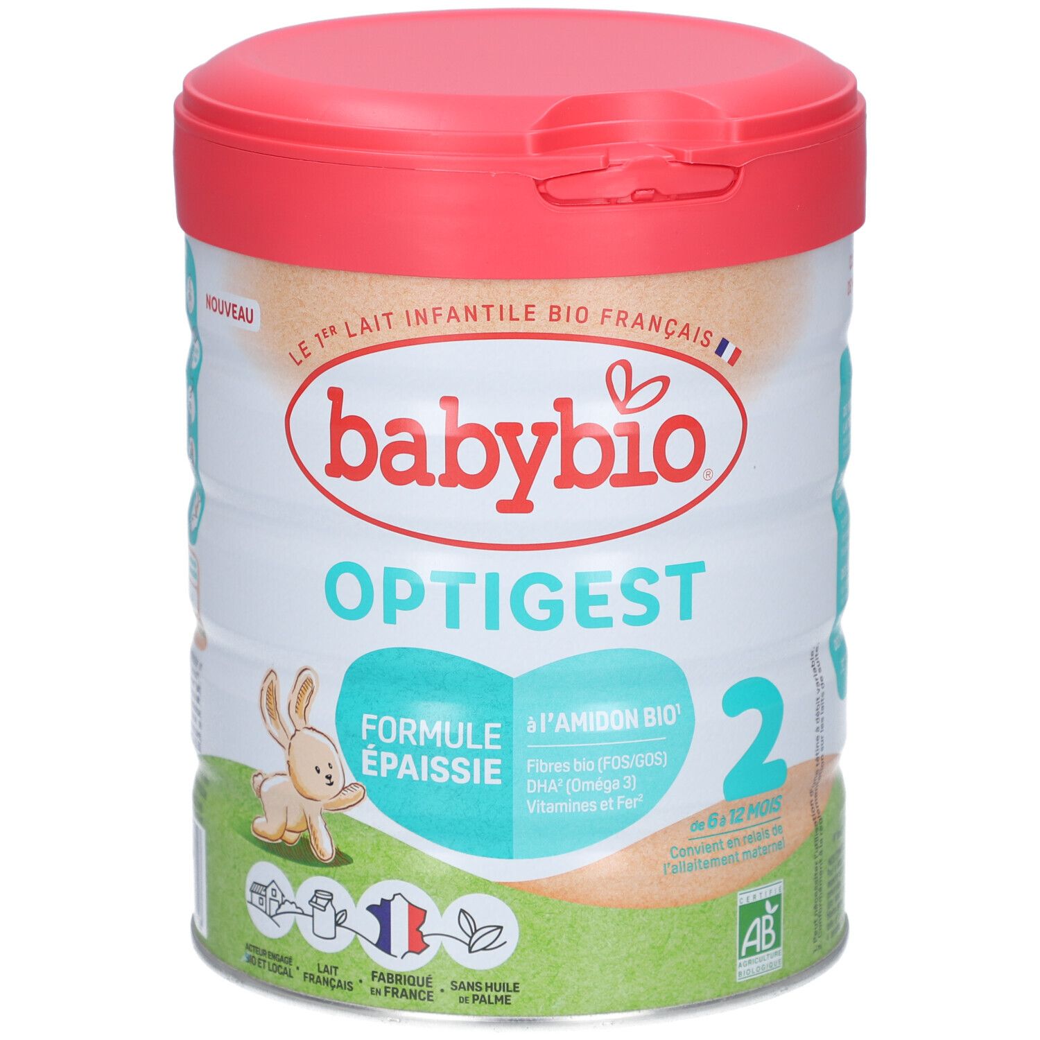 Boîte de lait en poudre Babybio Optigest 2. Blanche, rouge et beige. Inscription : Optigest, 2, Formule épaissie. Avec un lapin.