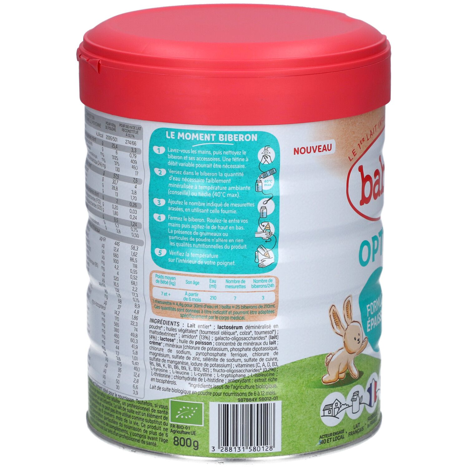 Dos de la boîte Babybio Optigest 2. Contient des informations sur la préparation et les ingrédients. Avec un lapin et un code-barres.