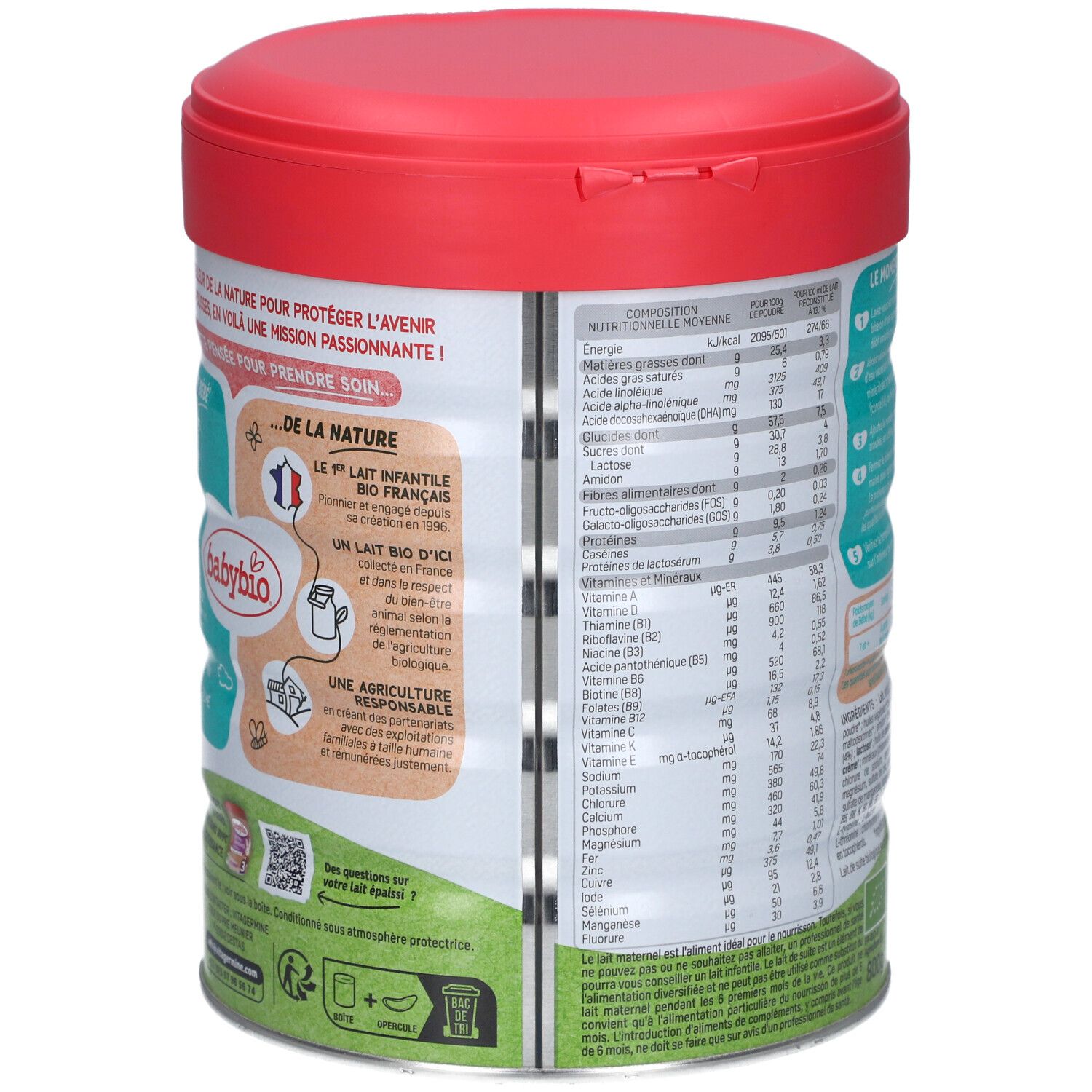 Dos de la boîte Babybio Optigest 2. Contient des informations nutritionnelles et de fabrication. Avec du texte et des graphiques.