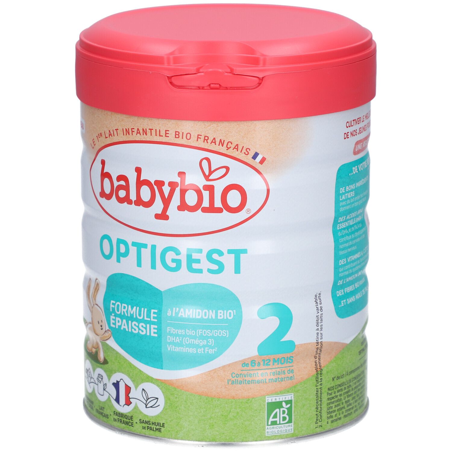 Boîte de lait en poudre Babybio Optigest 2. Blanche, rouge et beige. Inscription : Optigest, 2, Formule épaissie. Avec un lapin.