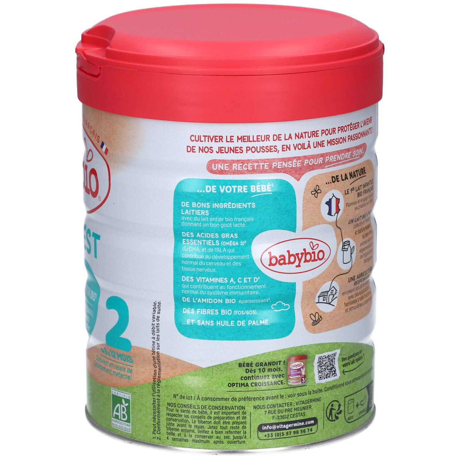 Dos de la boîte Babybio Optigest 2. Contient des informations sur les ingrédients et les avantages. Avec du texte et des graphiques.