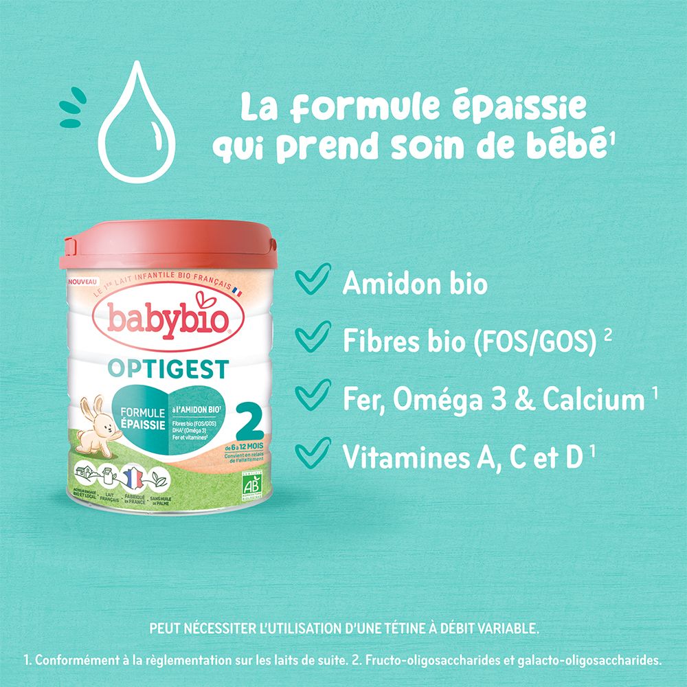 Boîte Babybio Optigest 2. Inscriptions : Amidon bio, Fibres bio, Fer, Oméga 3 & Calcium, Vitamines.