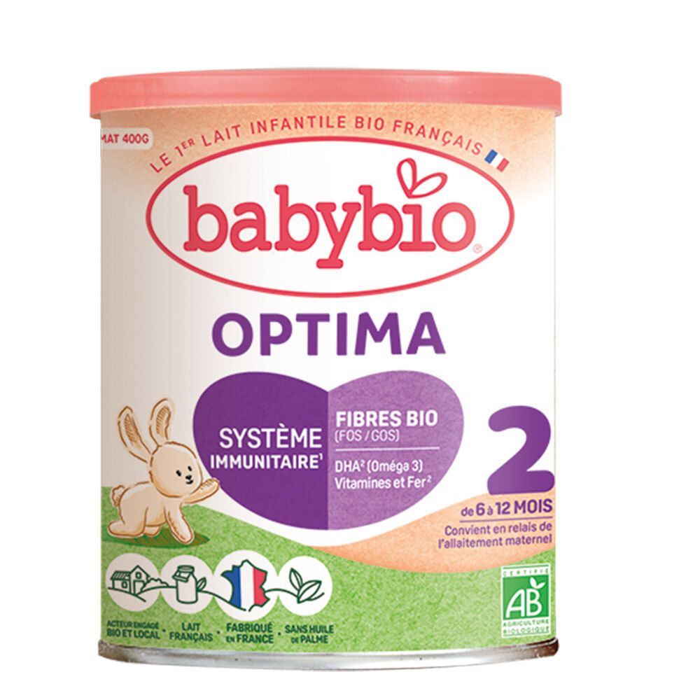 Babybio Optima 2 : Lait infantile en poudre dès 6 mois, avec fibres système immunitaire, DHA et vitamines.