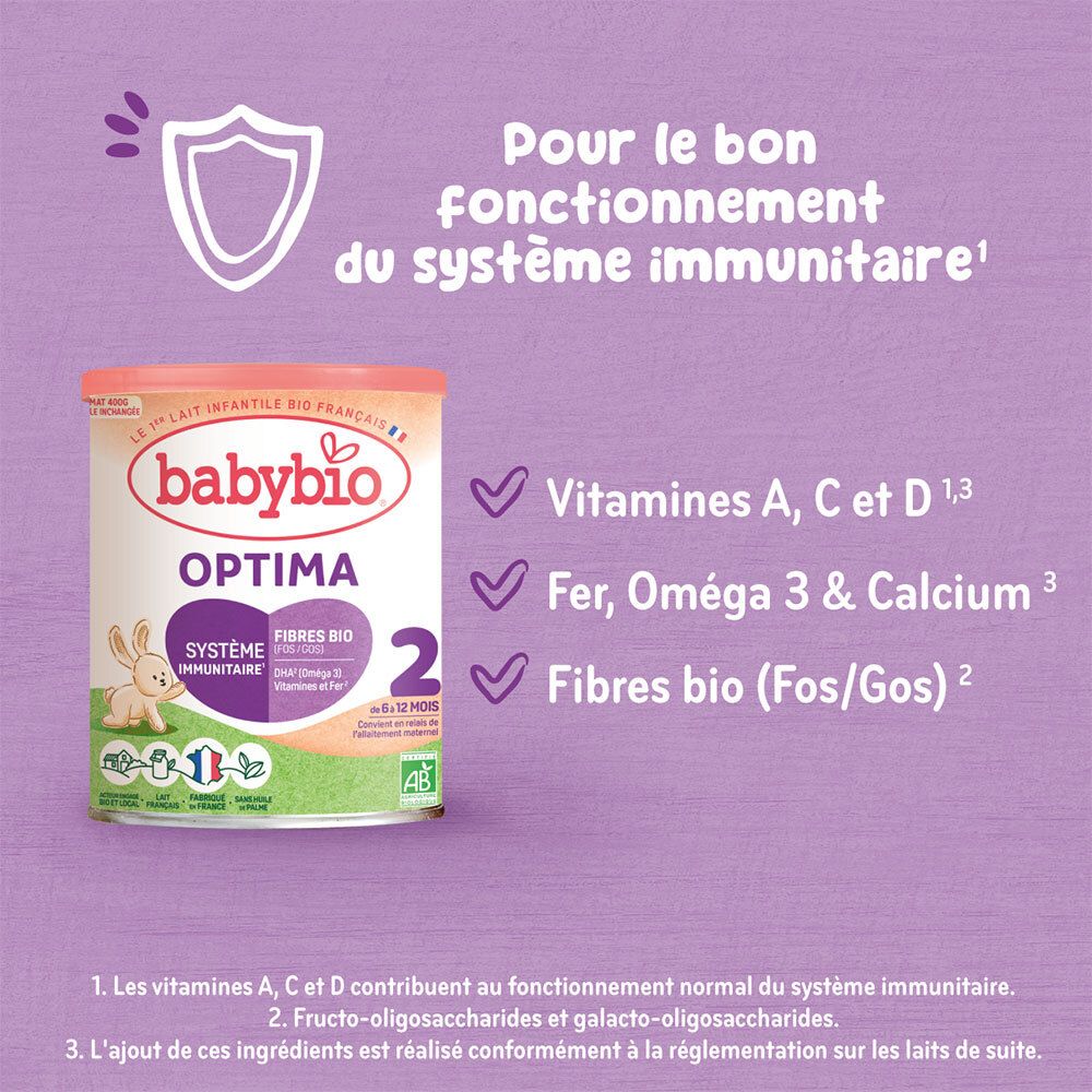Babybio Optima 2 : Informations sur les vitamines, minéraux et fibres pour le système immunitaire.