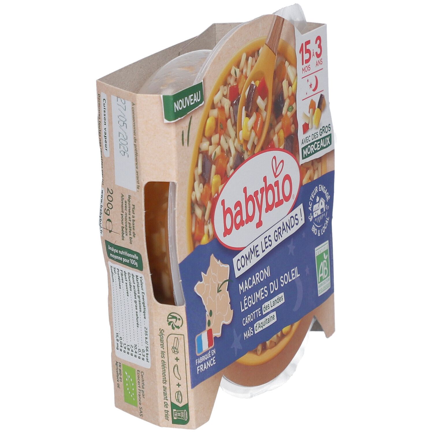 Vue latérale de l'emballage Babybio Macaroni aux légumes. Certifié bio.