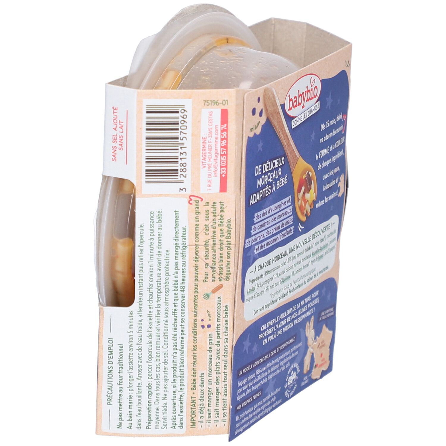 Vue latérale de l'emballage Babybio Macaroni. Informations de préparation. Certifié bio.