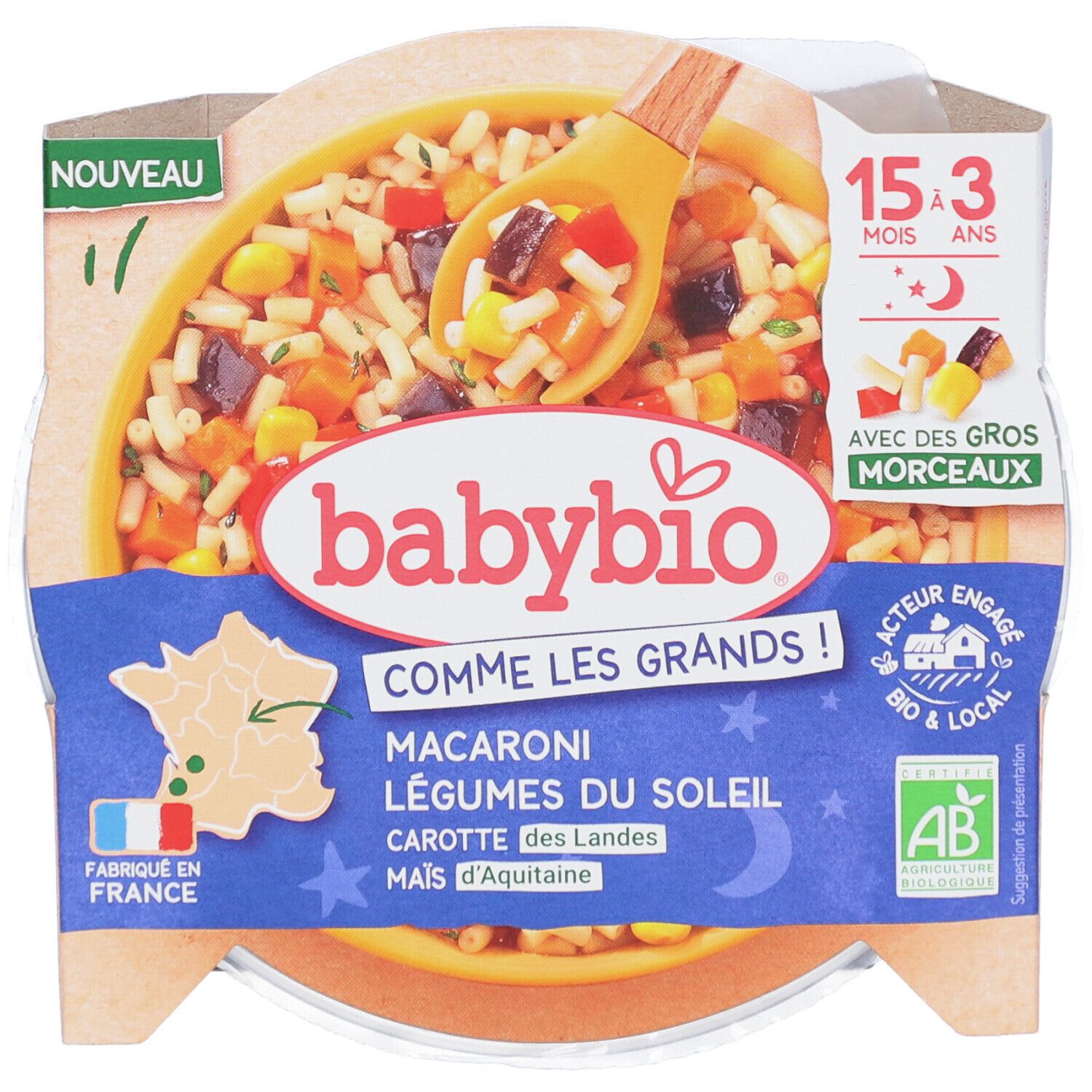 Barquette de macaroni Babybio aux légumes du soleil. Carottes, maïs et légumes. Certifié bio.