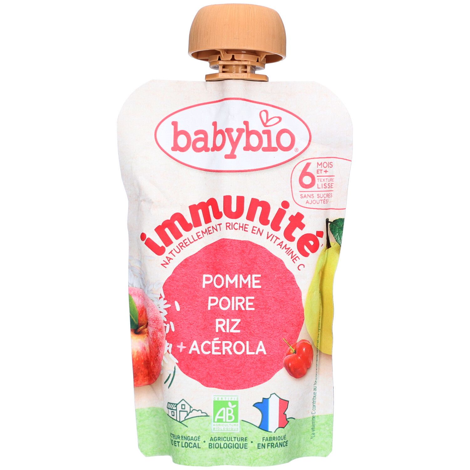Sachet BABYBIO Immunité Pomme Poire Riz. Cercle rouge avec texte. Logo AB. Drapeau français.
