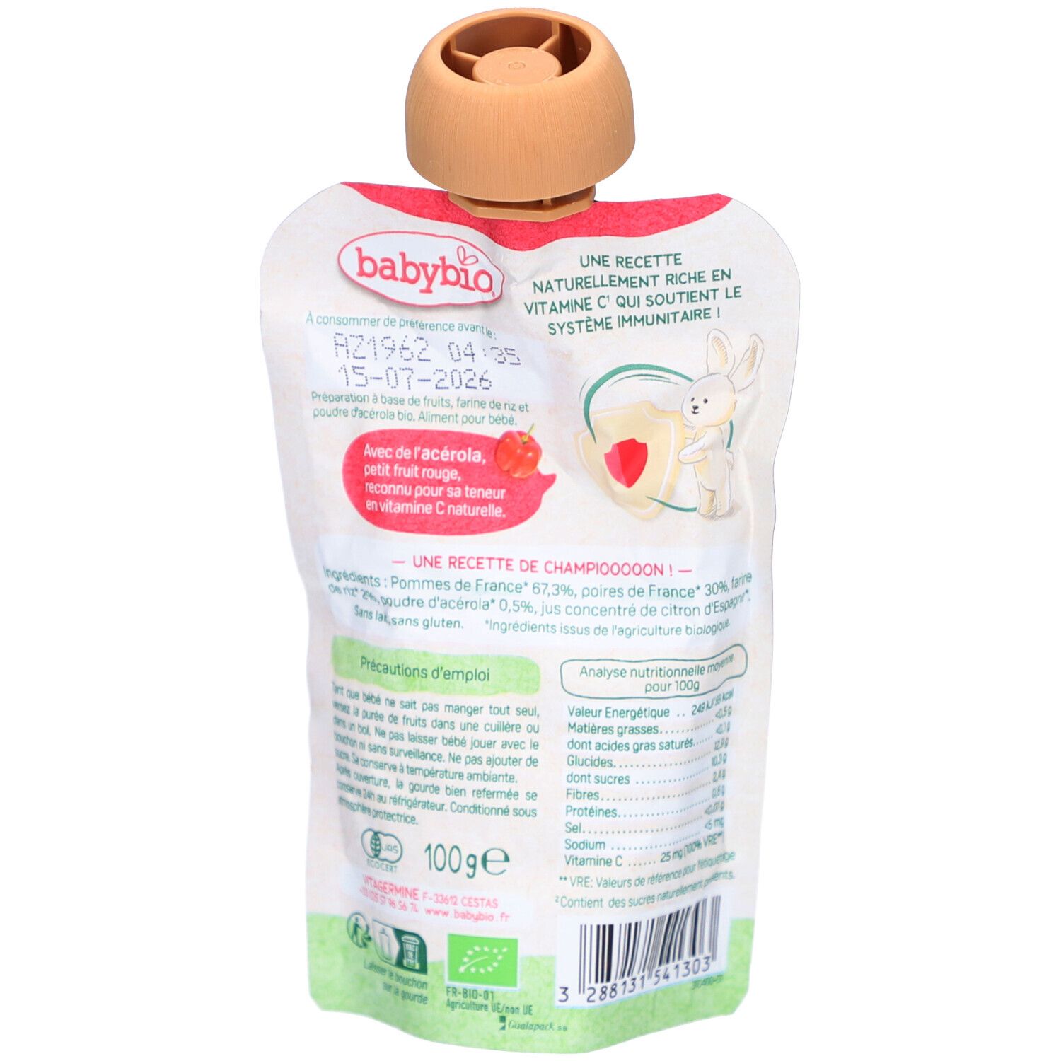 Dos du sachet BABYBIO Immunité. Texte, liste des ingrédients, informations nutritionnelles, 100g. Logo AB.