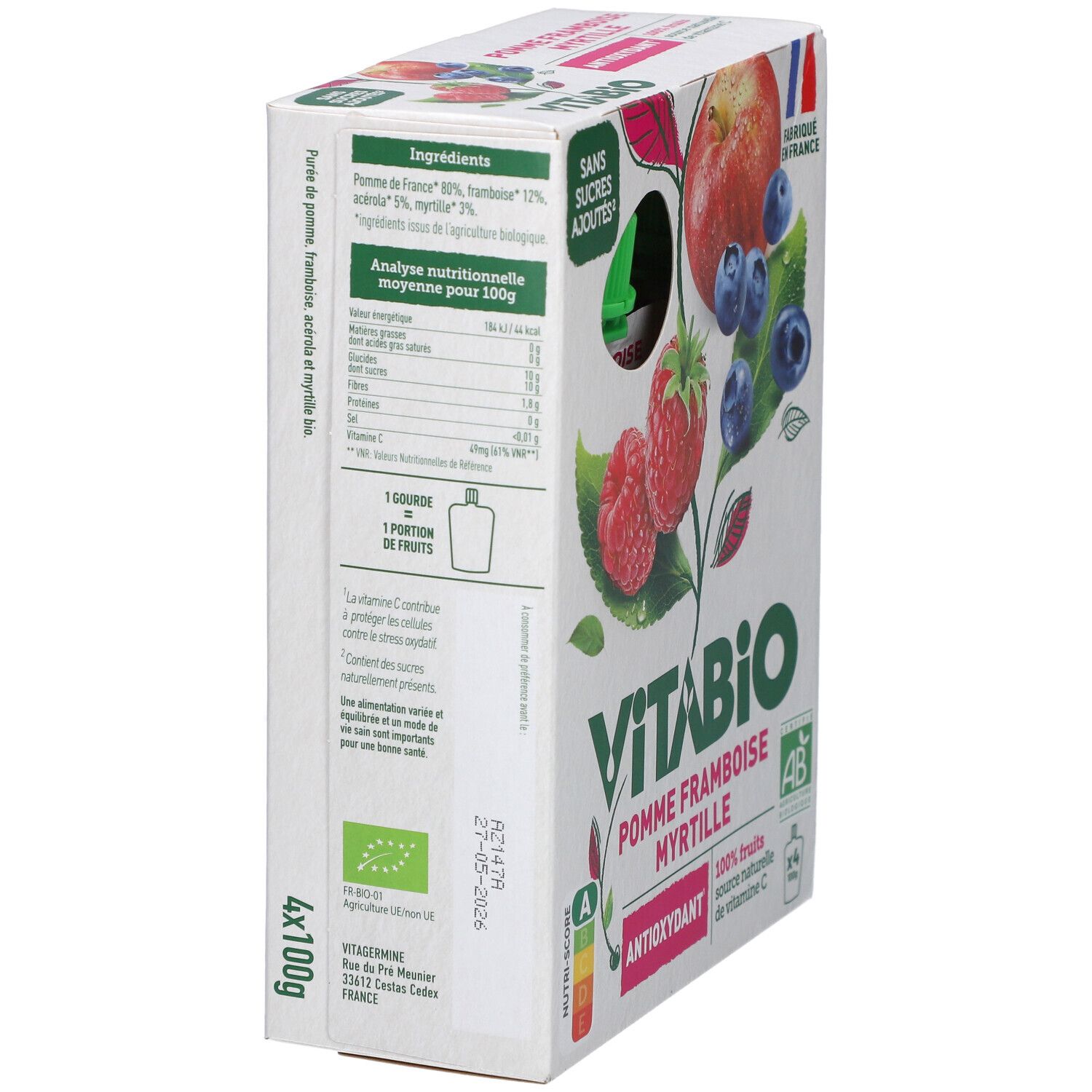 Emballage VITABIO Pomme Framboise Myrtille. Liste des ingrédients et tableau nutritionnel. Label AB bio. 4 x 100g.