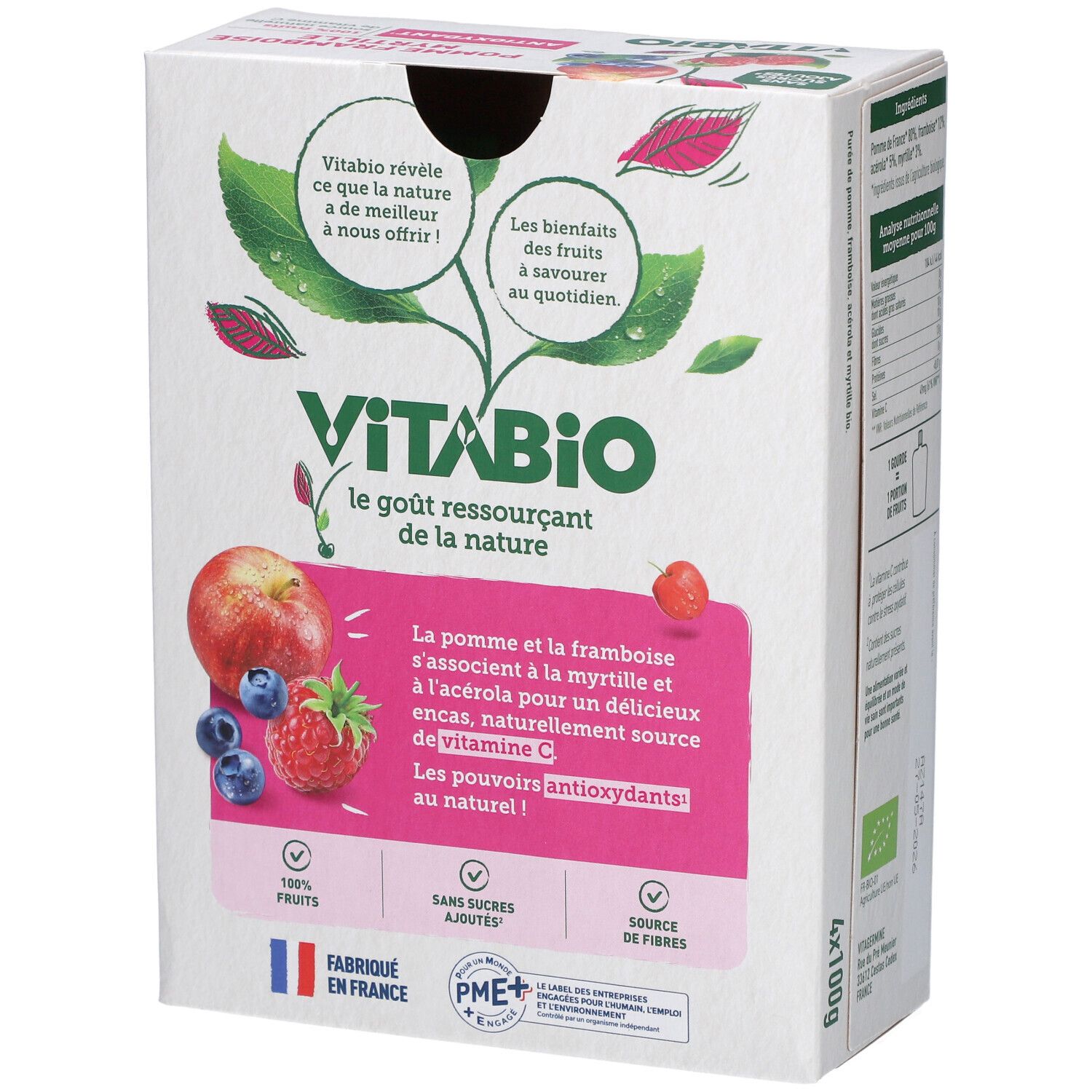 Emballage VITABIO Pomme Framboise Myrtille. Illustration de pomme, framboise et myrtilles. Label AB bio et texte.