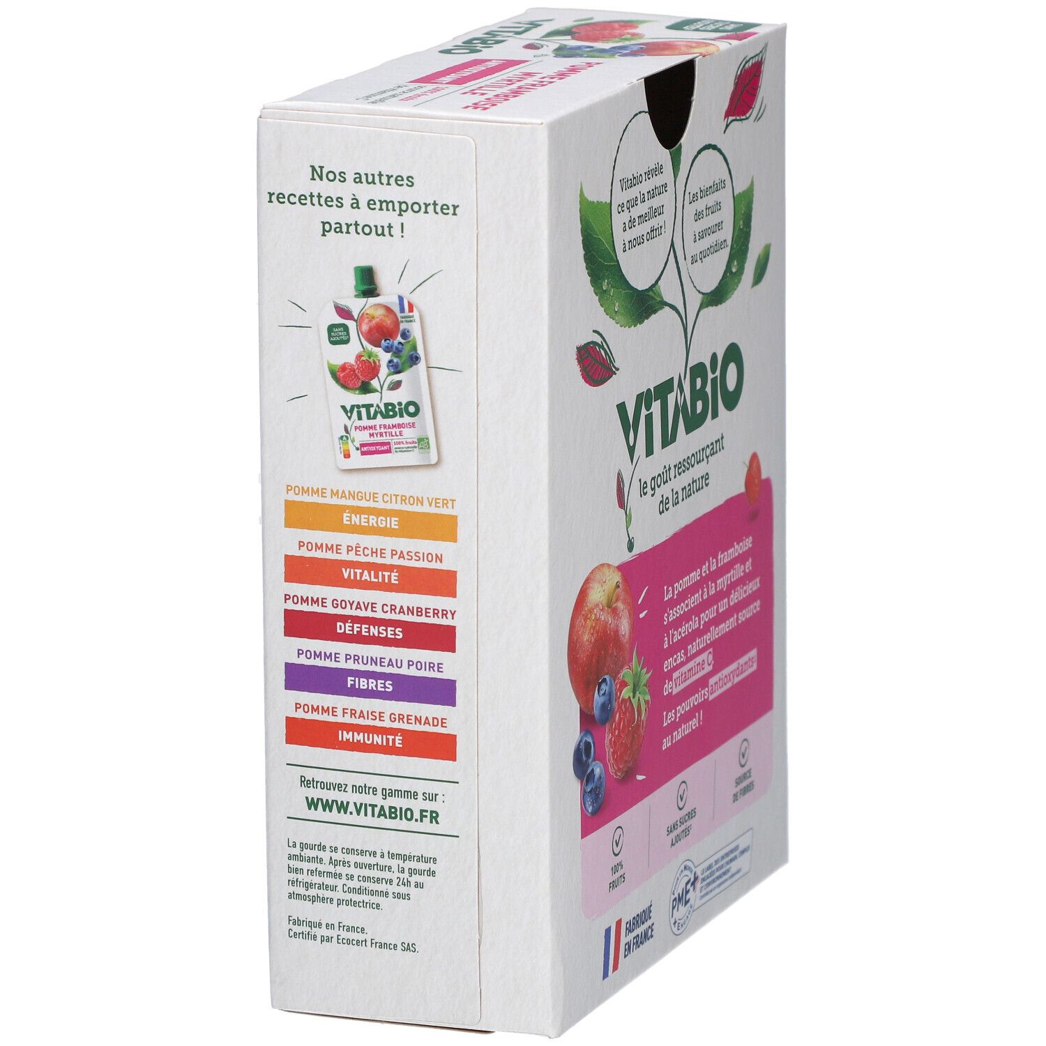 Emballage VITABIO Pomme Framboise Myrtille. Verso avec variantes de produits et informations. Label AB bio.