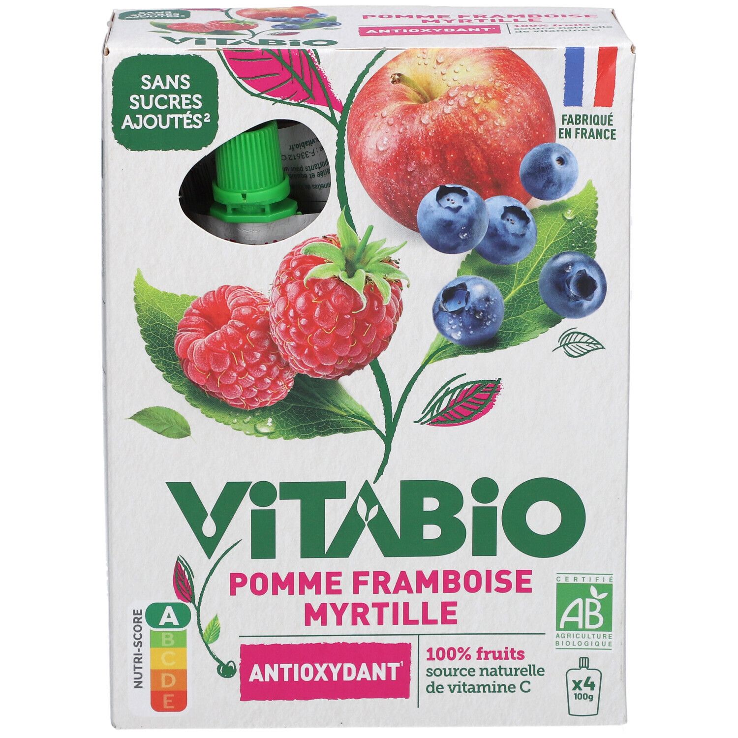 Emballage VITABIO Pomme Framboise Myrtille. Illustration de pomme, framboise et myrtilles. Label AB bio et Nutri-Score.