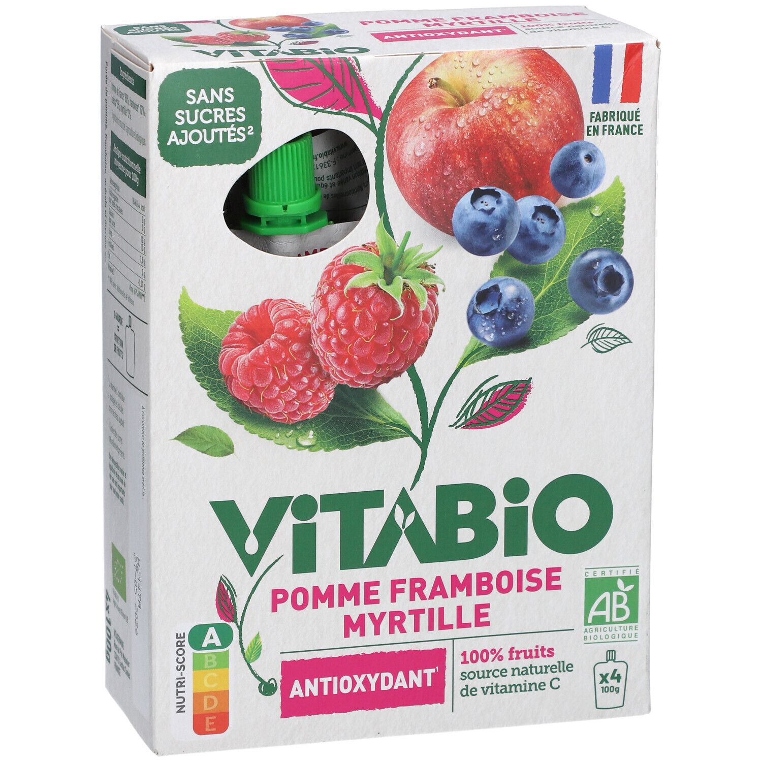Emballage VITABIO Pomme Framboise Myrtille. Illustration de pomme, framboise et myrtilles. Label AB bio et Nutri-Score.
