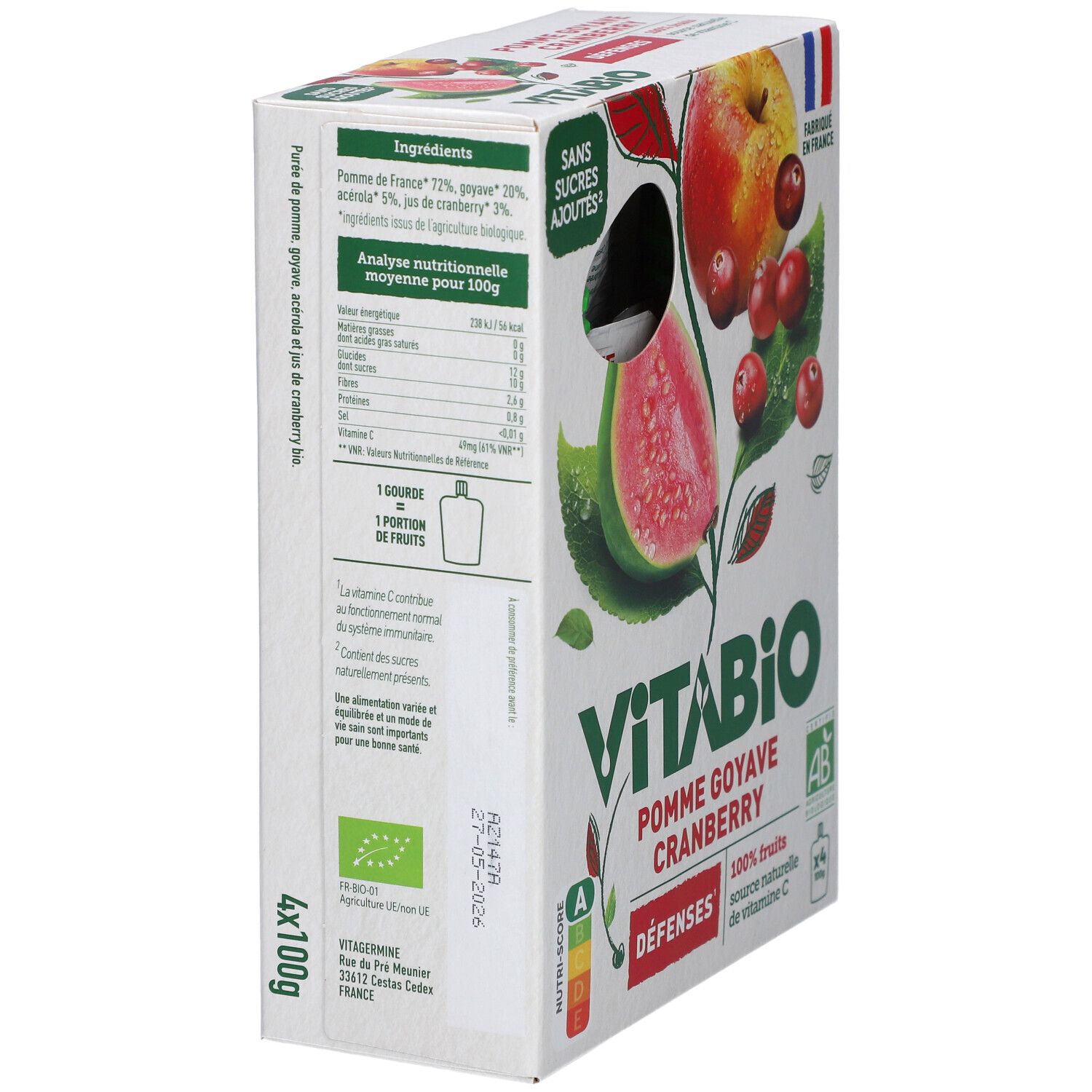 Boîte de VITABIO Pomme Goyave Cranberry. Contient liste d'ingrédients et informations nutritionnelles. 4 sachets.